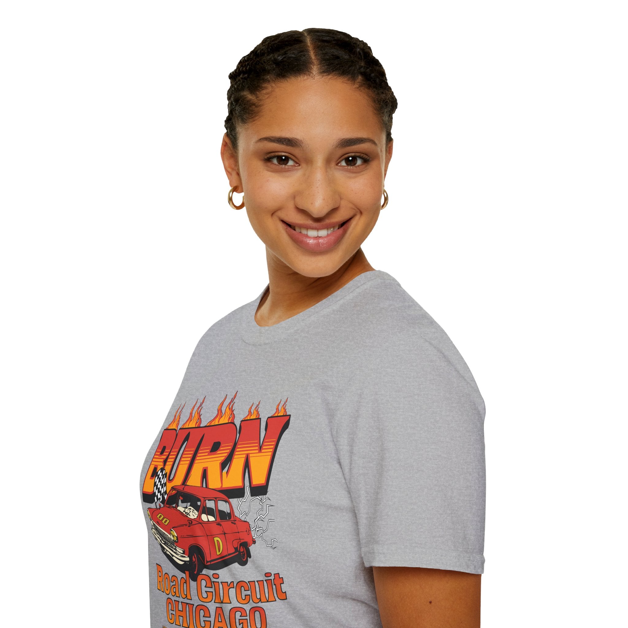 Racing 'BURN' Graphic Tee — Retro Flaming Racecar Chicago Track Shirt