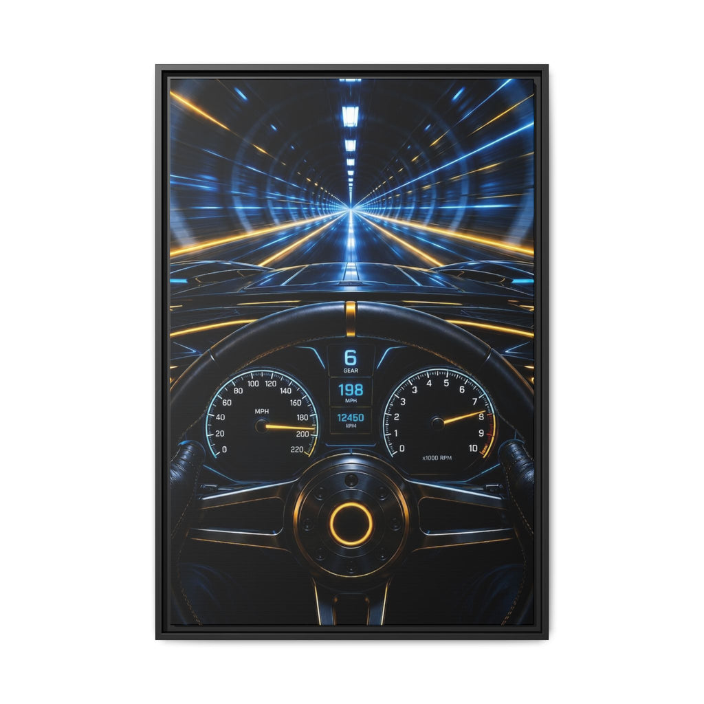 Tunnel Drive Framed Canvas Print — Retro Futuristic Car Dashboard Wall Art