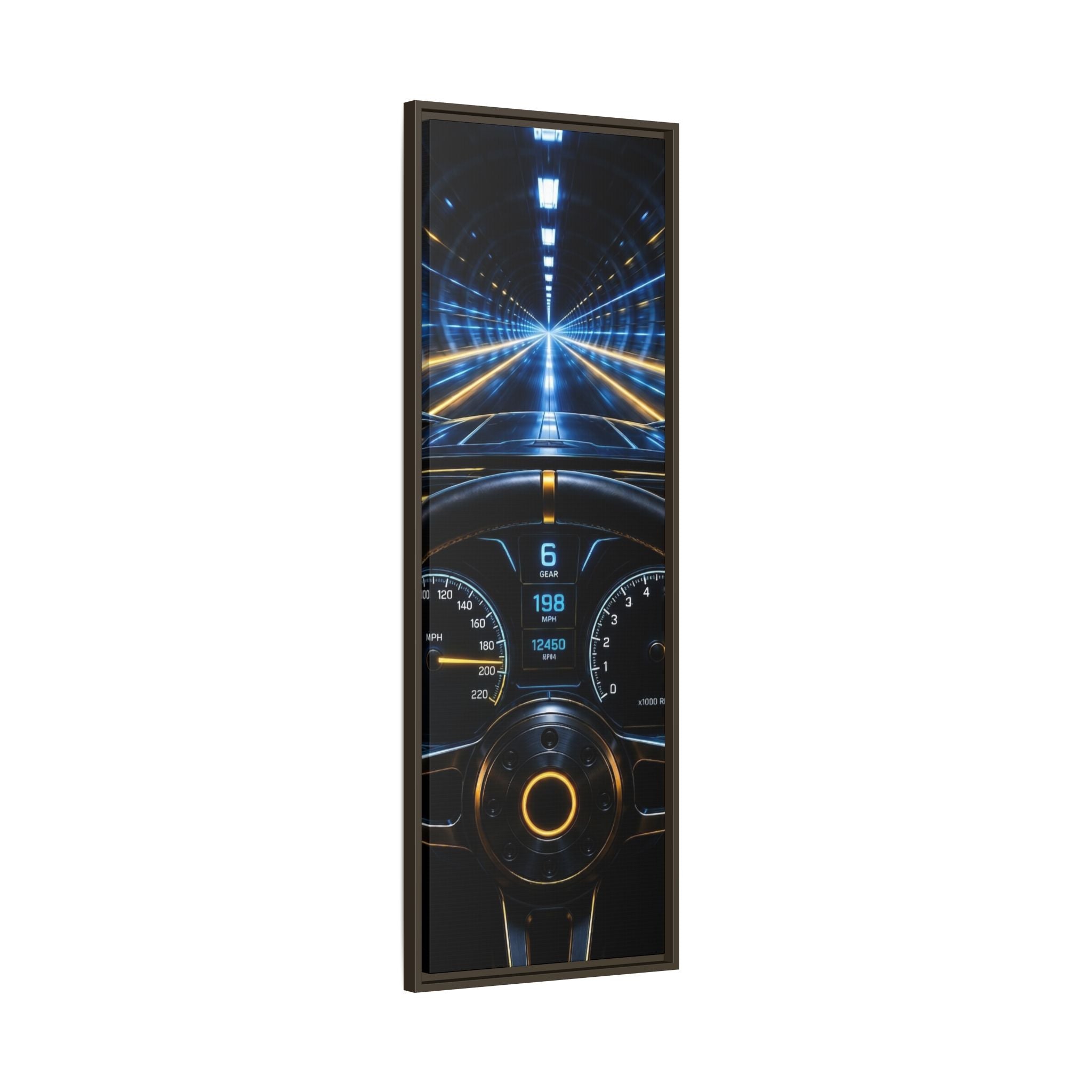 Tunnel Drive Framed Canvas Print — Retro Futuristic Car Dashboard Wall Art