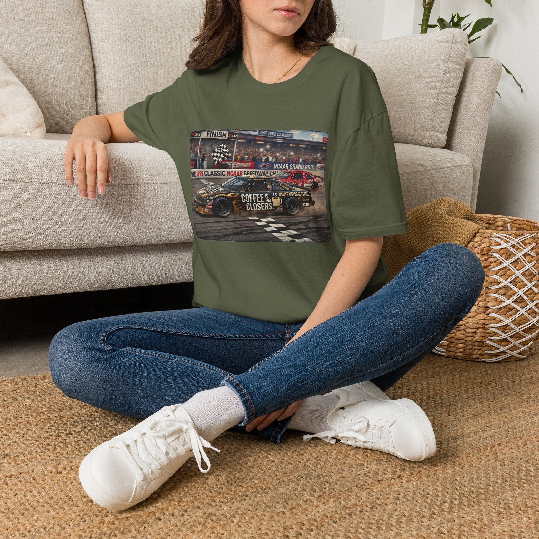 Race Day Vintage Stock Car Tee — 'Coffee is for Closers' Graphic