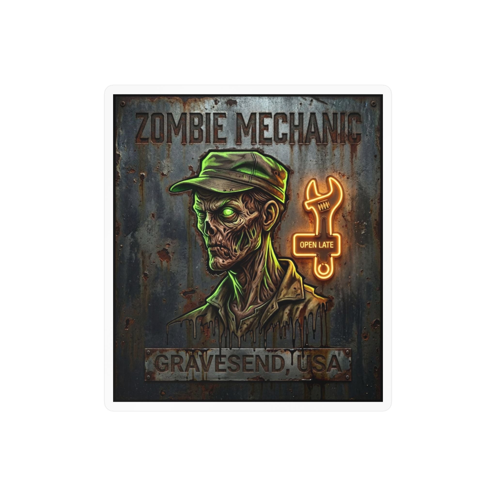 Zombie Mechanic Vinyl Decal — Horror Garage Sticker (Kiss-Cut)