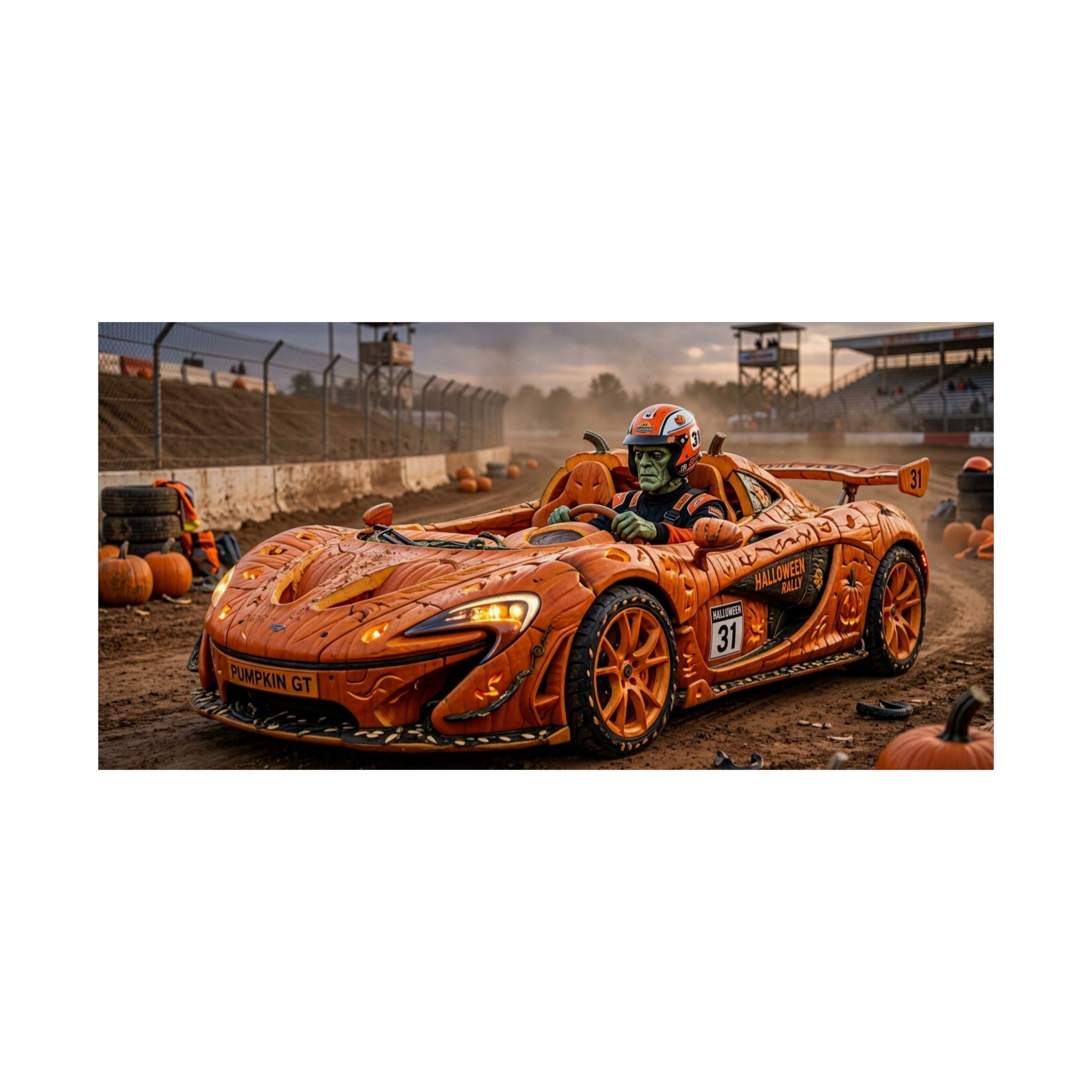 Halloween Race Car Poster — Orange Pumpkin Sports Car Matte Horizontal Print
