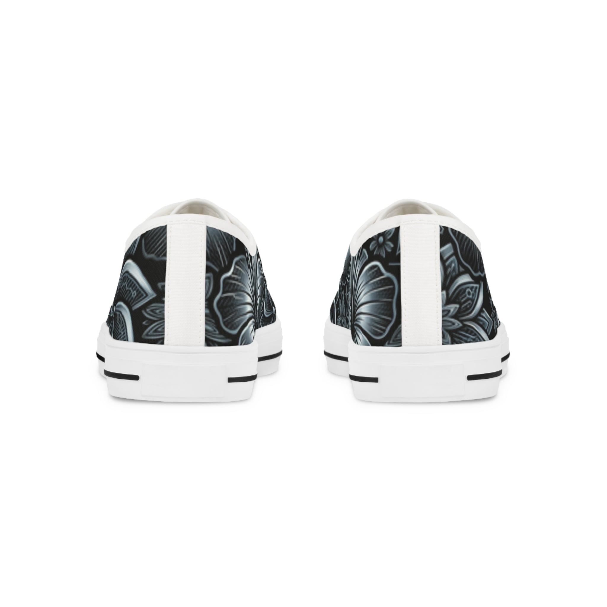 Men's Hibiscus Low Top Sneakers — Black & Silver Tropical Canvas Shoes