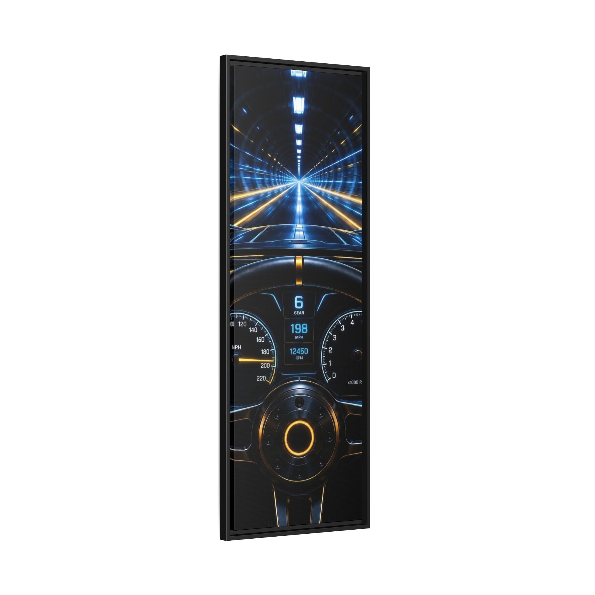 Tunnel Drive Framed Canvas Print — Retro Futuristic Car Dashboard Wall Art