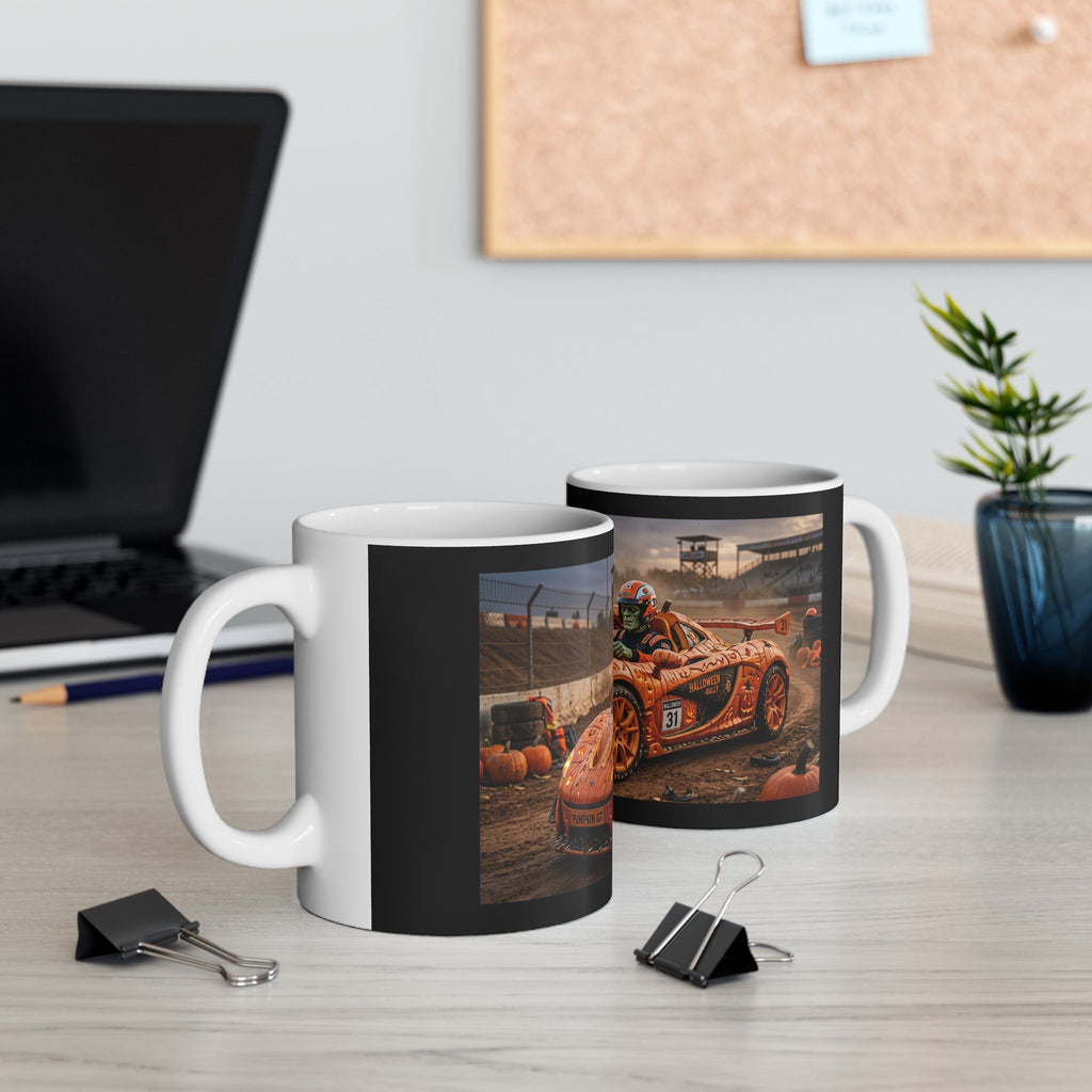Racing Car Mug — Orange Pumpkin Sports Car (11oz & 15oz)