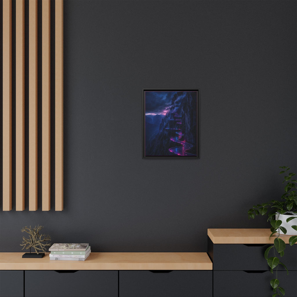 Neon Mountain Road Matte Canvas Print — Framed Nightscape Wall Art