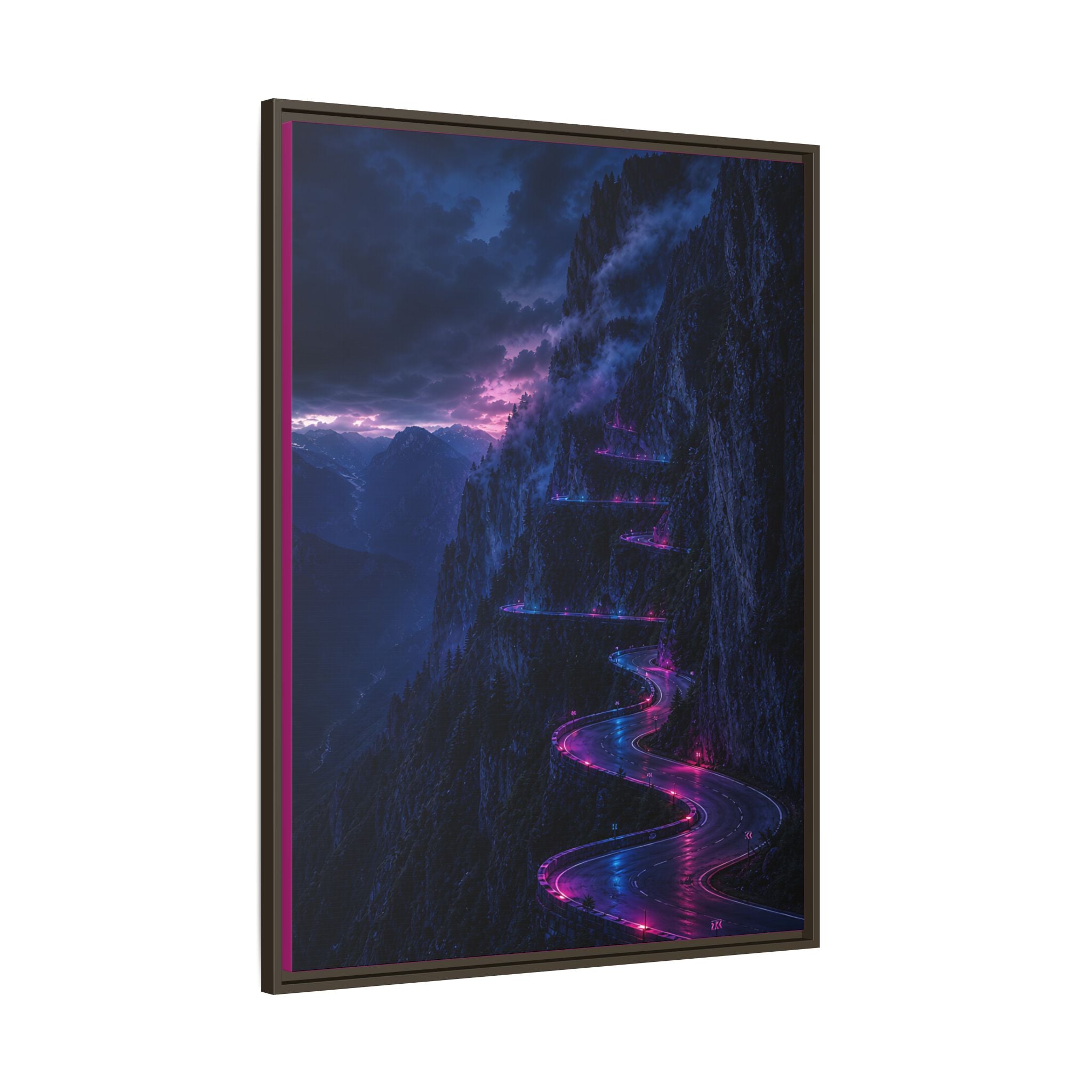 Neon Mountain Road Matte Canvas Print — Framed Nightscape Wall Art