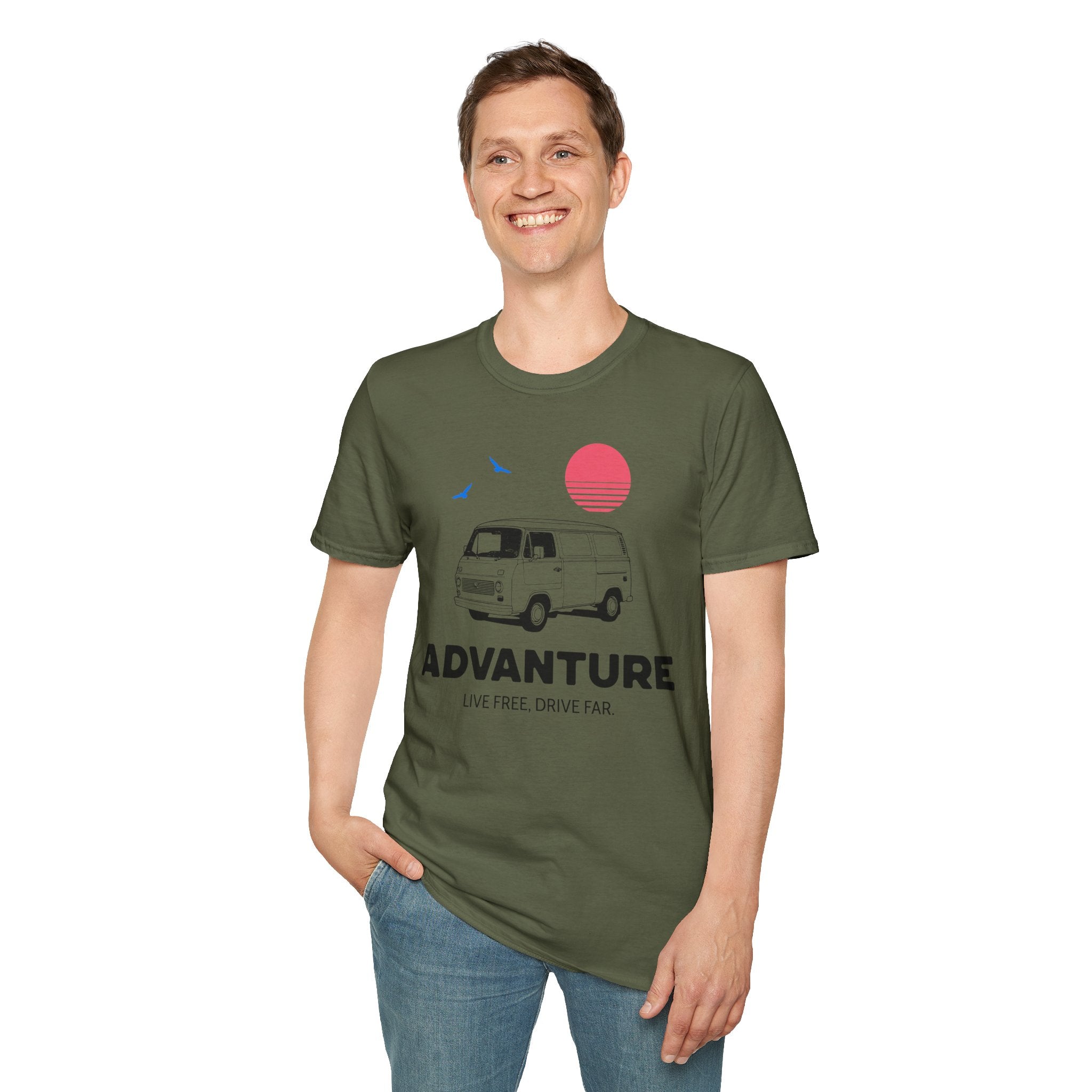 Adventure Van T‑Shirt — Retro Camper Sunset Graphic Tee