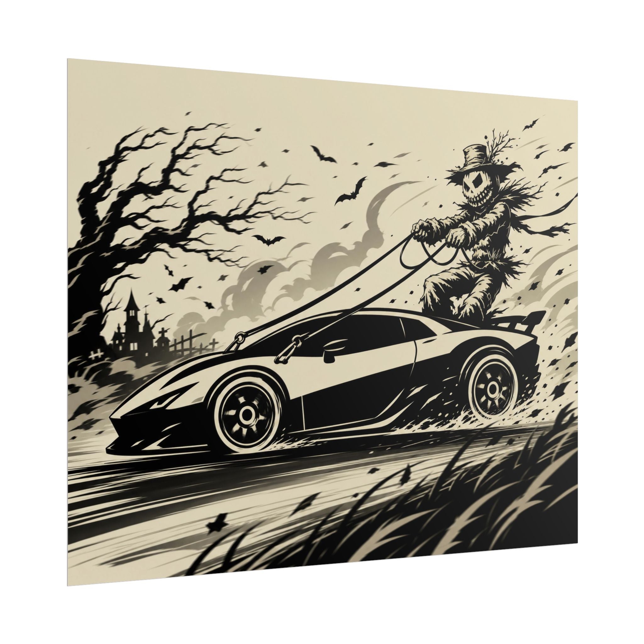Poster - Scarecrow Driving Sports Car Vintage Halloween Art Print