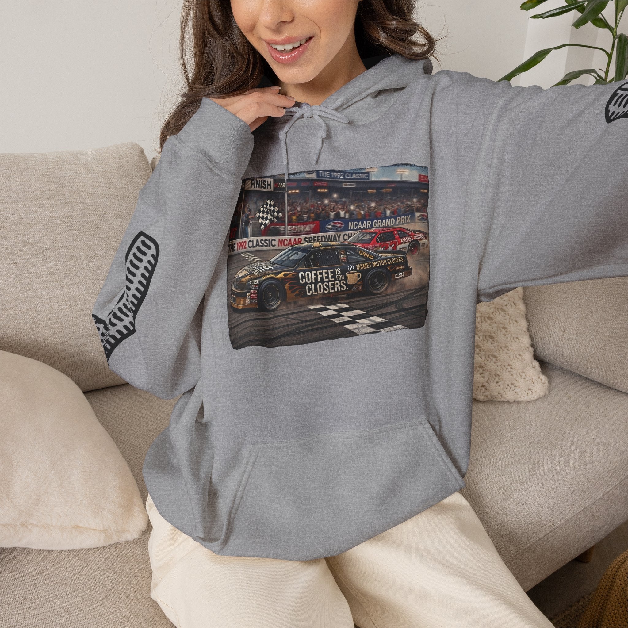 Racing Garage Hooded Sweatshirt — Vintage Racecar Track Scene