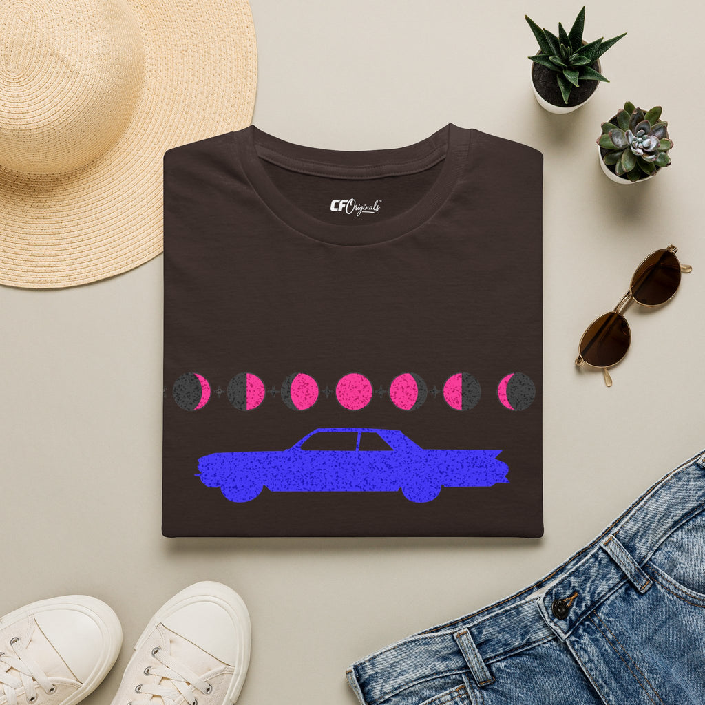 Retro Moon Phase Car T‑Shirt — Blue Classic Car with Pink Moon Phases