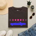 Retro Moon Phase Car T‑Shirt — Blue Classic Car with Pink Moon Phases