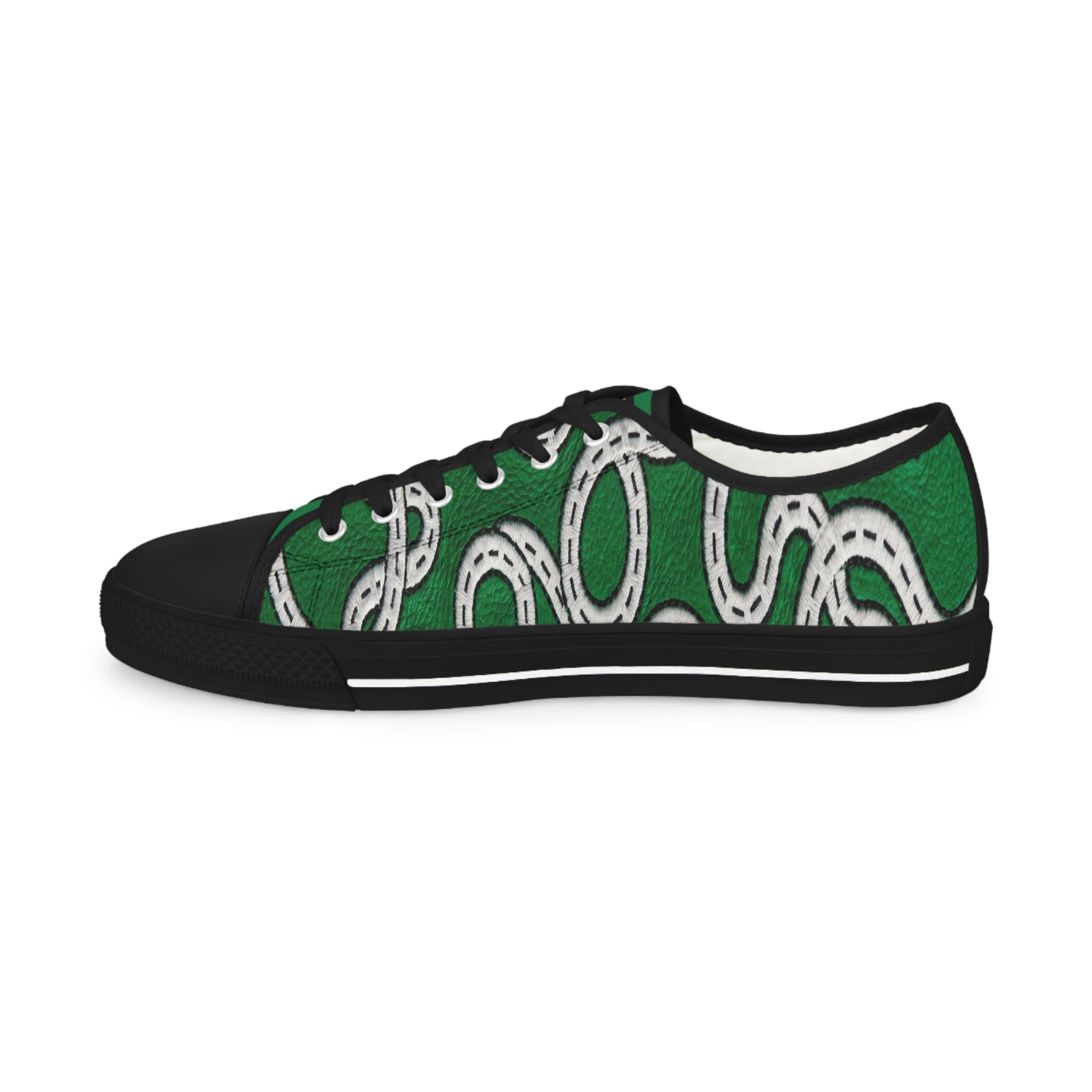 Road Design Canvas Shoes on Green Leather Print.