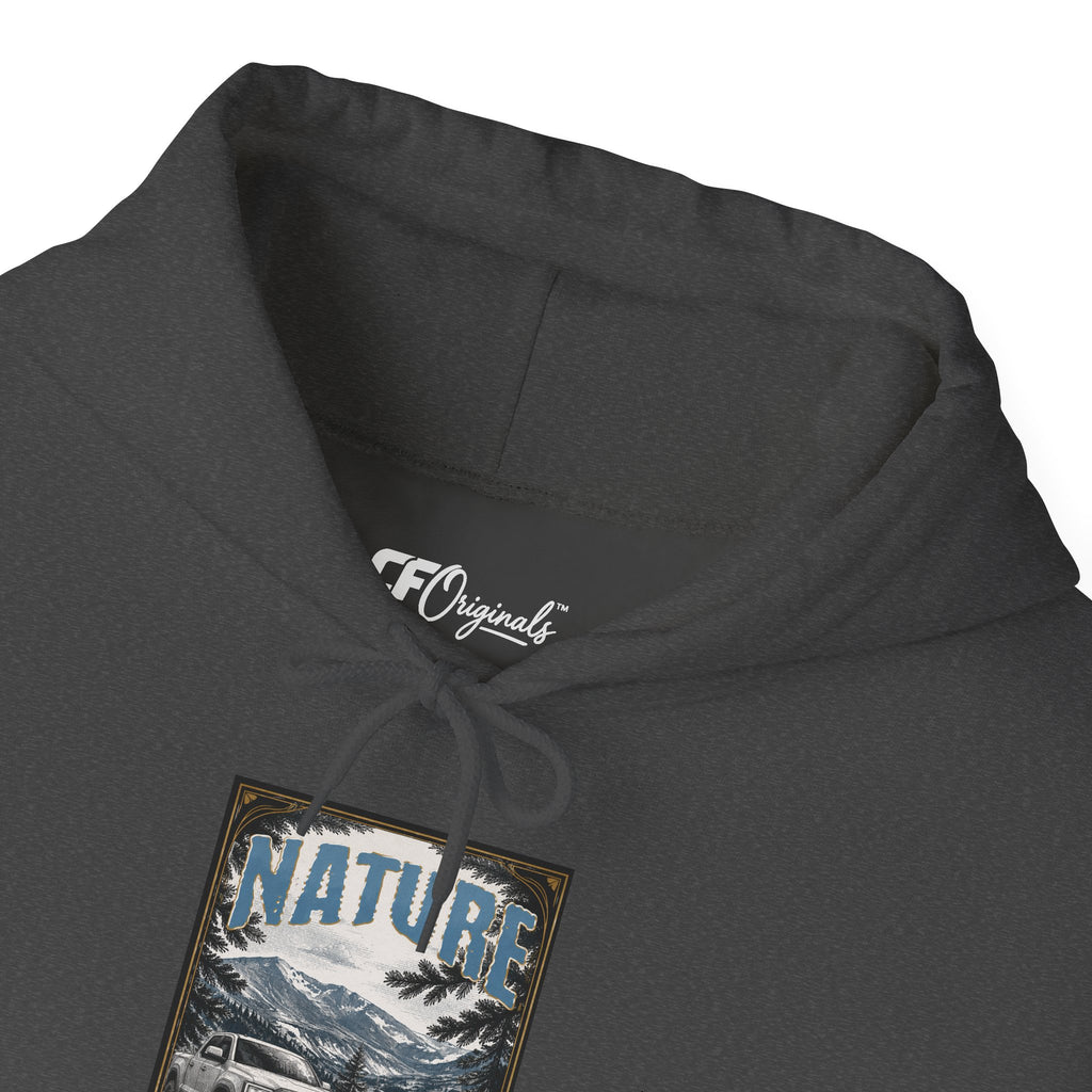 Nature Is Calling Hoodie — Scenic Mountain Graphic Hooded Sweatshirt with Sleeve Paisley Art