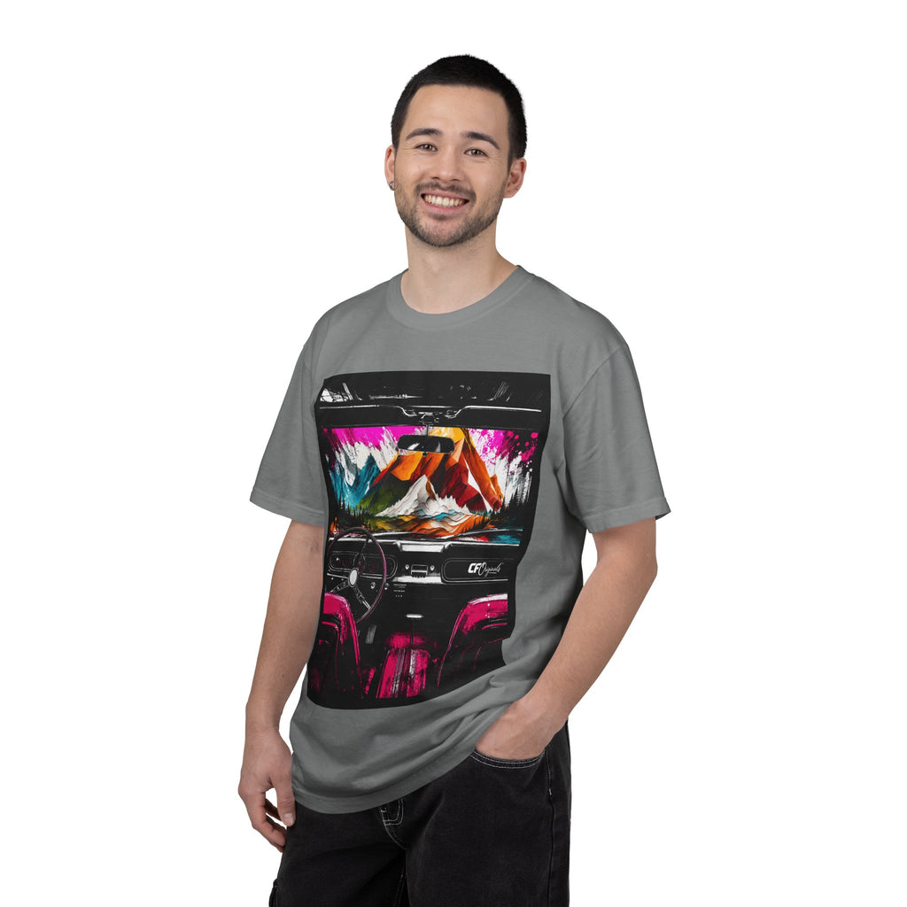 CarFits.store Big Prints T-Shirt — Retro Engine & Scenic Drive