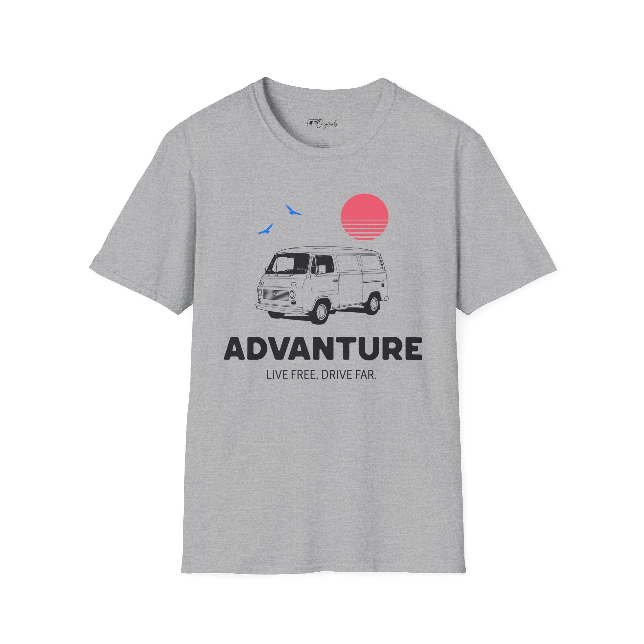 Adventure Van T‑Shirt — Retro Camper Sunset Graphic Tee