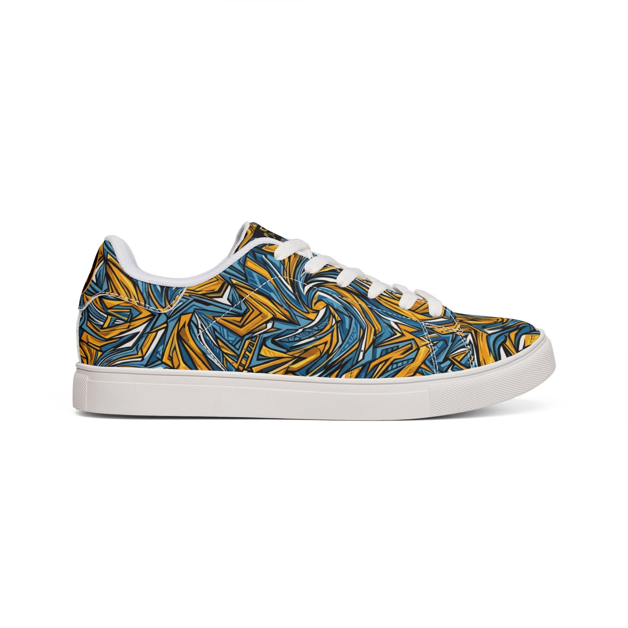 Men's Low-Top Leather Sneakers — Blue & Gold Swirl Painterly Trainers