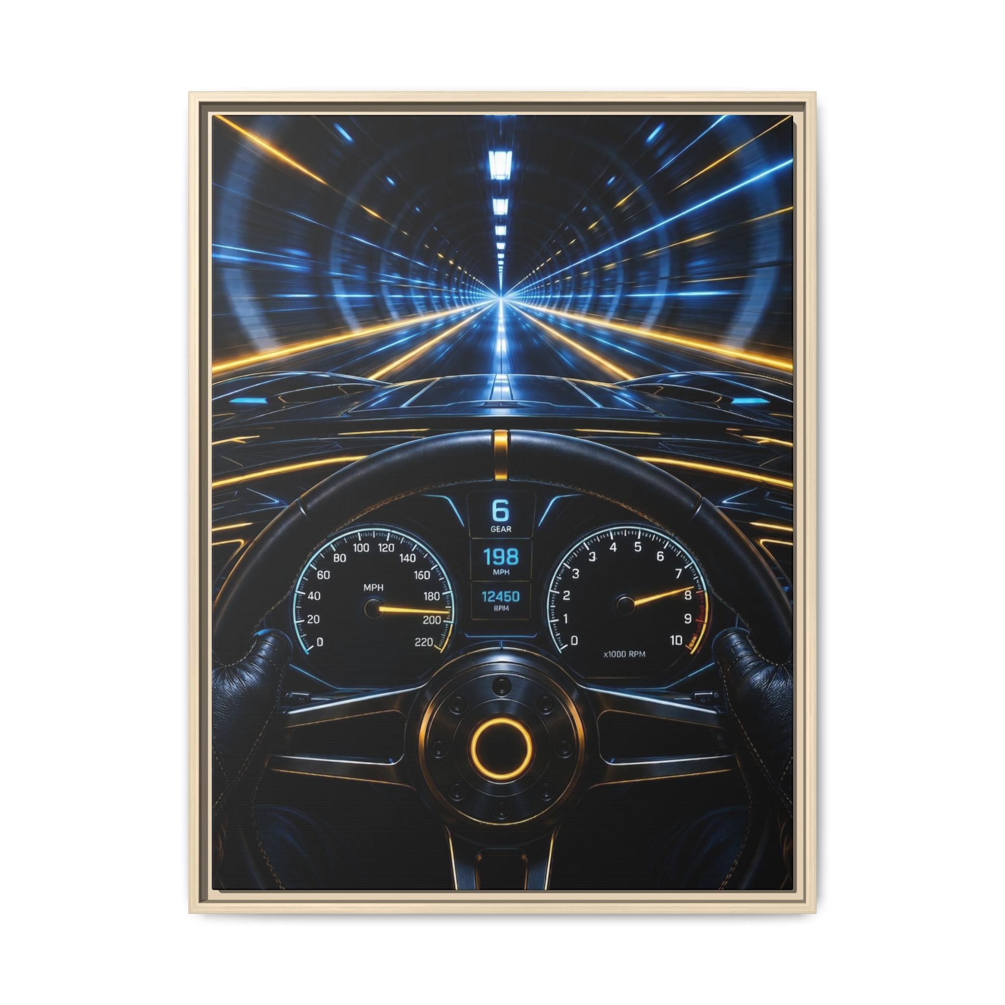 Tunnel Drive Framed Canvas Print — Retro Futuristic Car Dashboard Wall Art