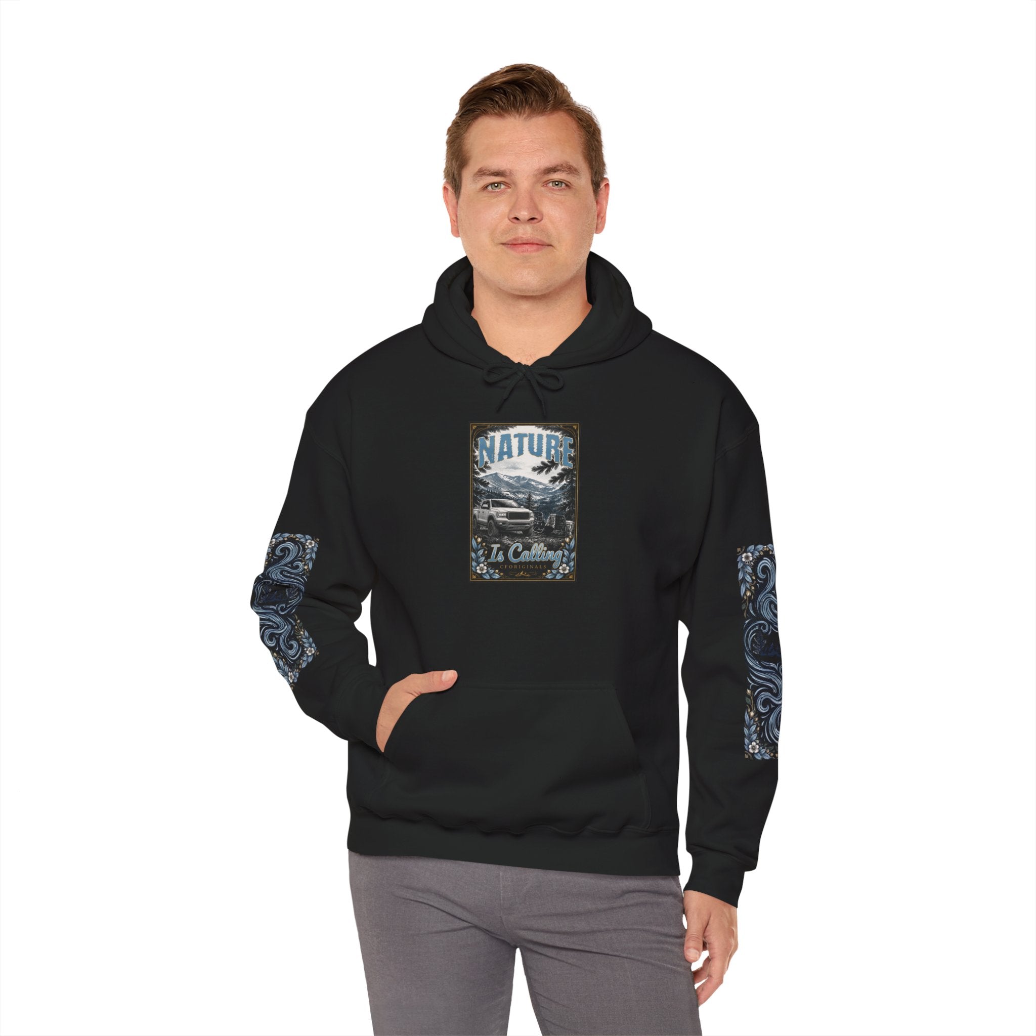 Nature Is Calling Hoodie — Scenic Mountain Graphic Hooded Sweatshirt with Sleeve Paisley Art