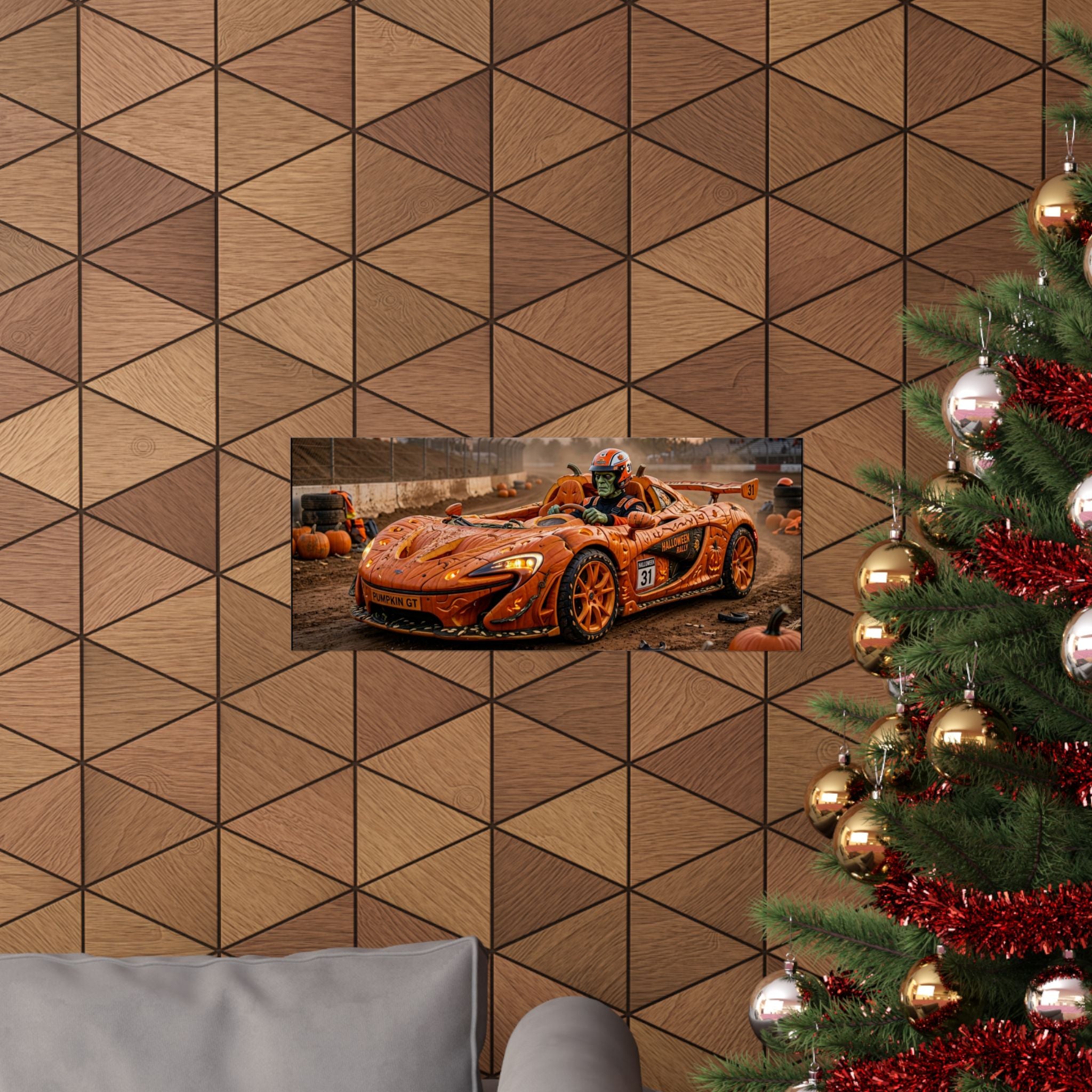 Halloween Race Car Poster — Orange Pumpkin Sports Car Matte Horizontal Print