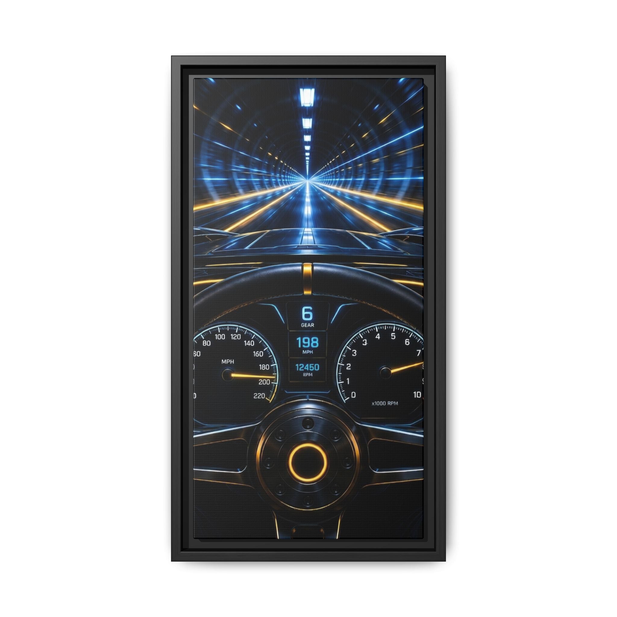 Tunnel Drive Framed Canvas Print — Retro Futuristic Car Dashboard Wall Art