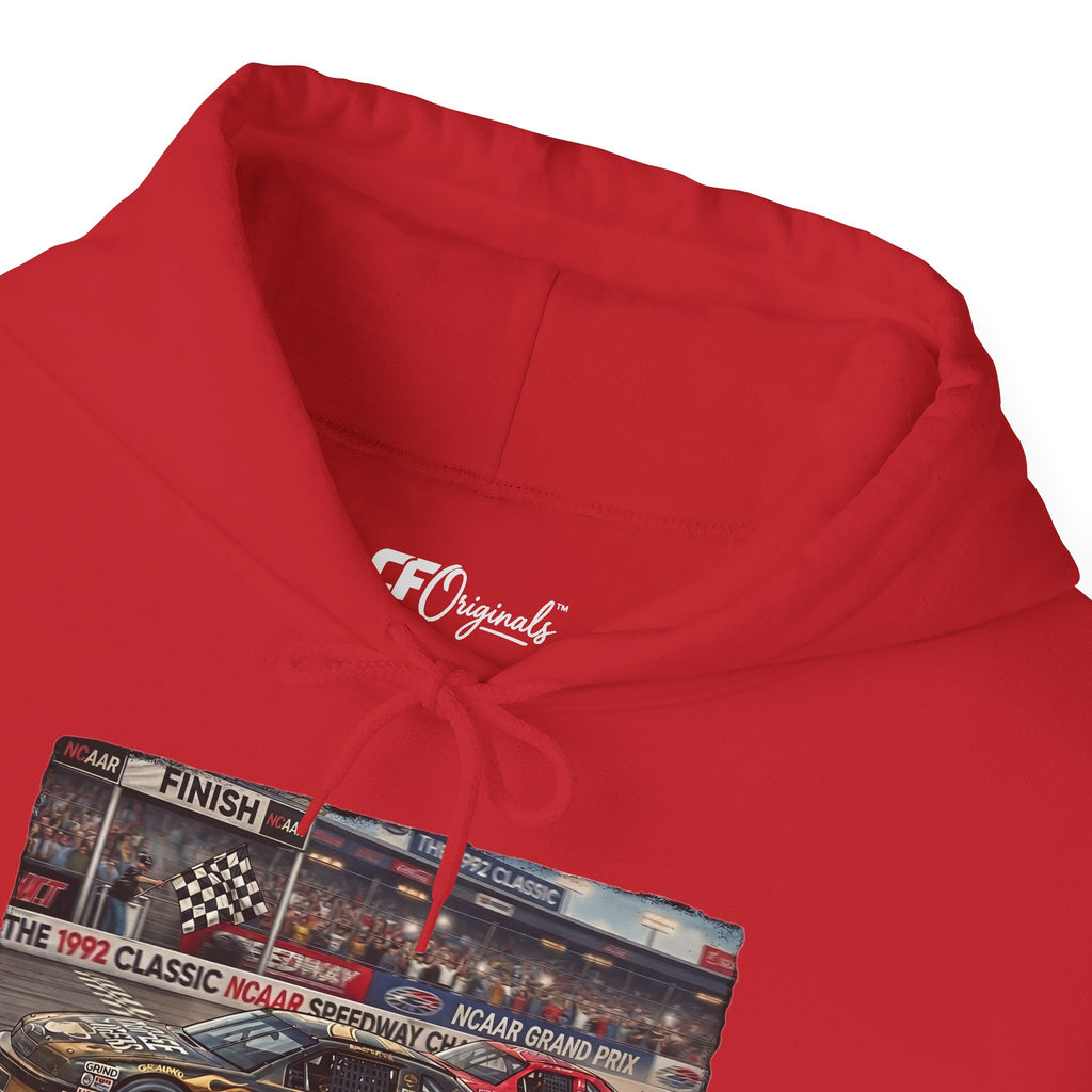 Racing Garage Hooded Sweatshirt — Vintage Racecar Track Scene