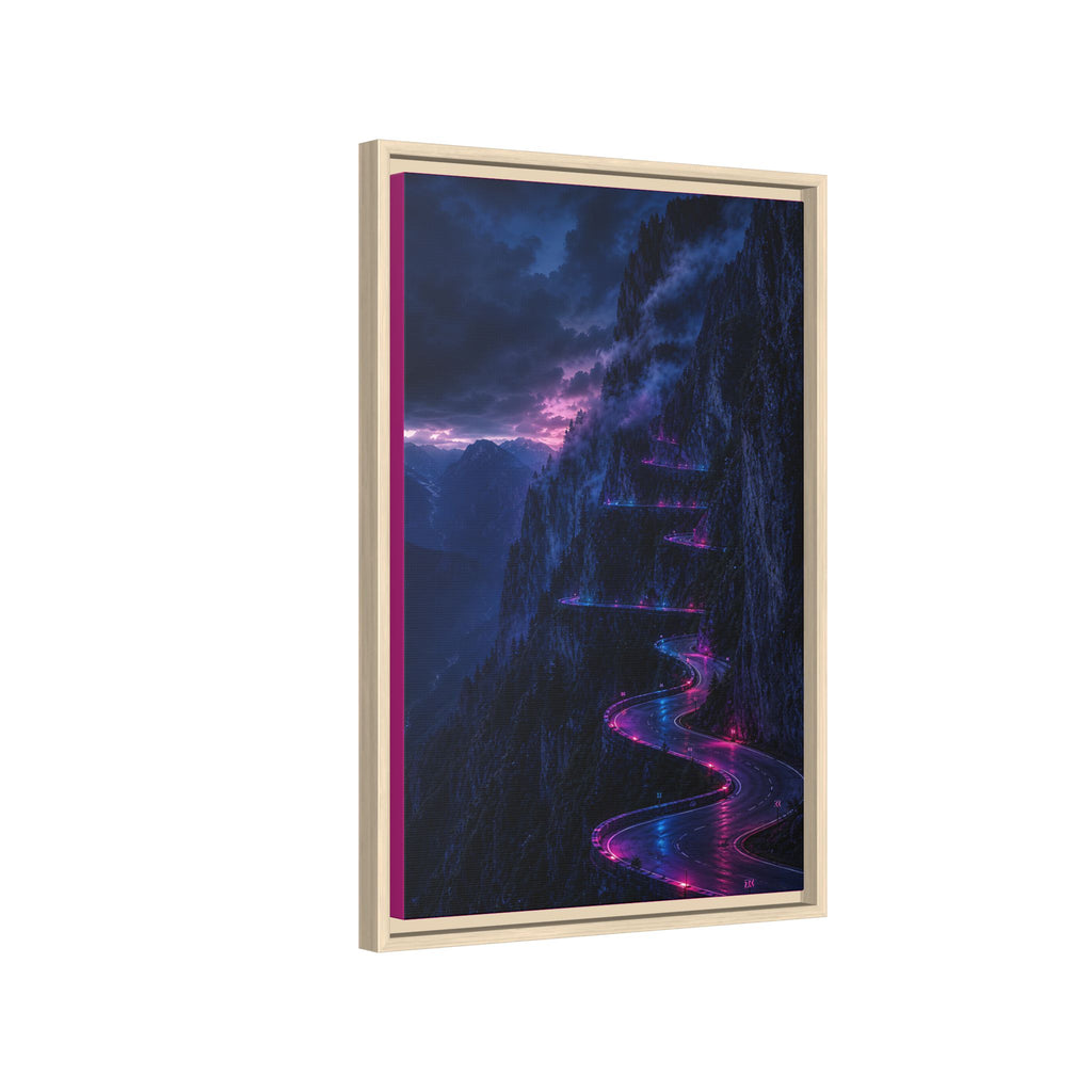 Neon Mountain Road Matte Canvas Print — Framed Nightscape Wall Art