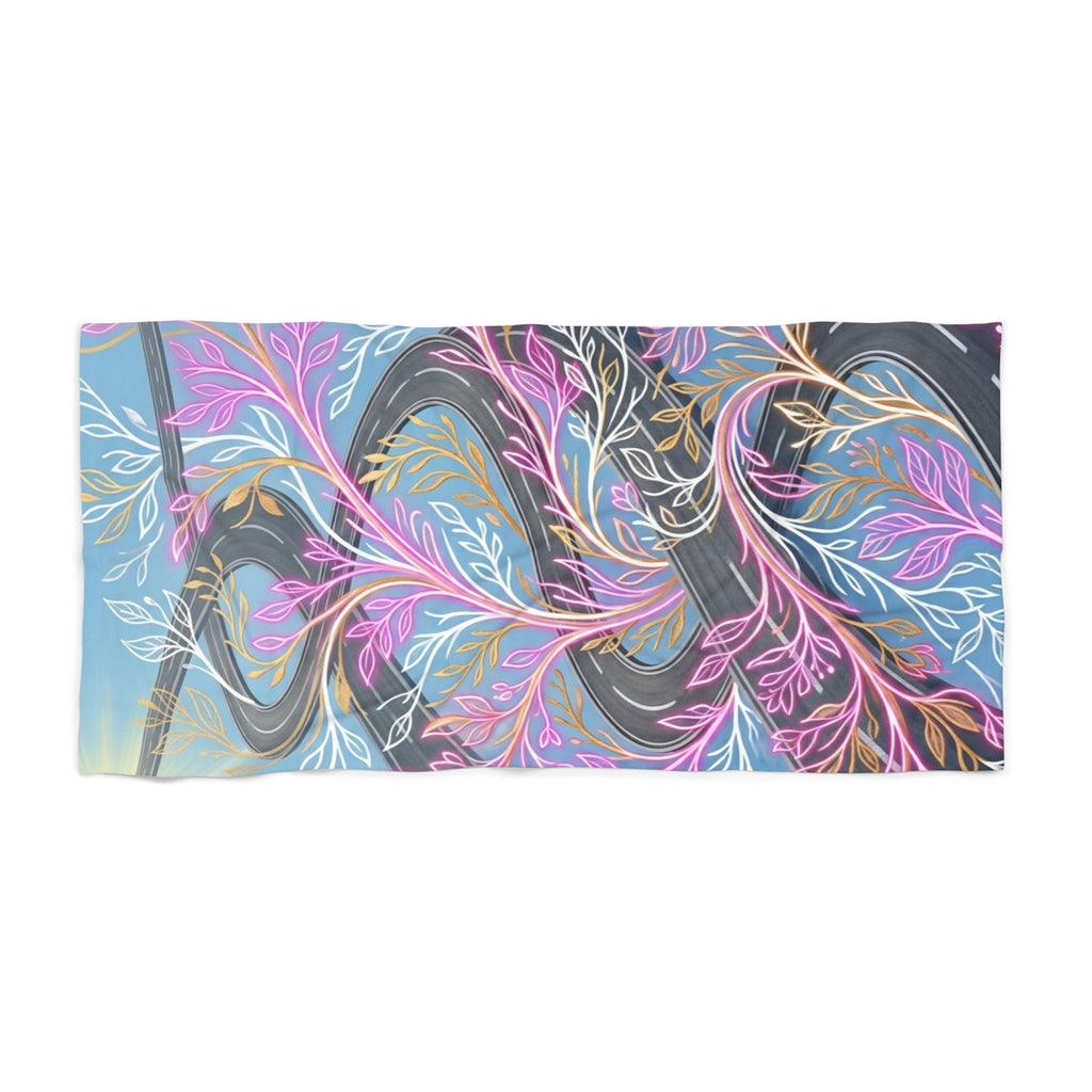 Floral Wave Beach Towel — Pastel Coral & Seaweed Design