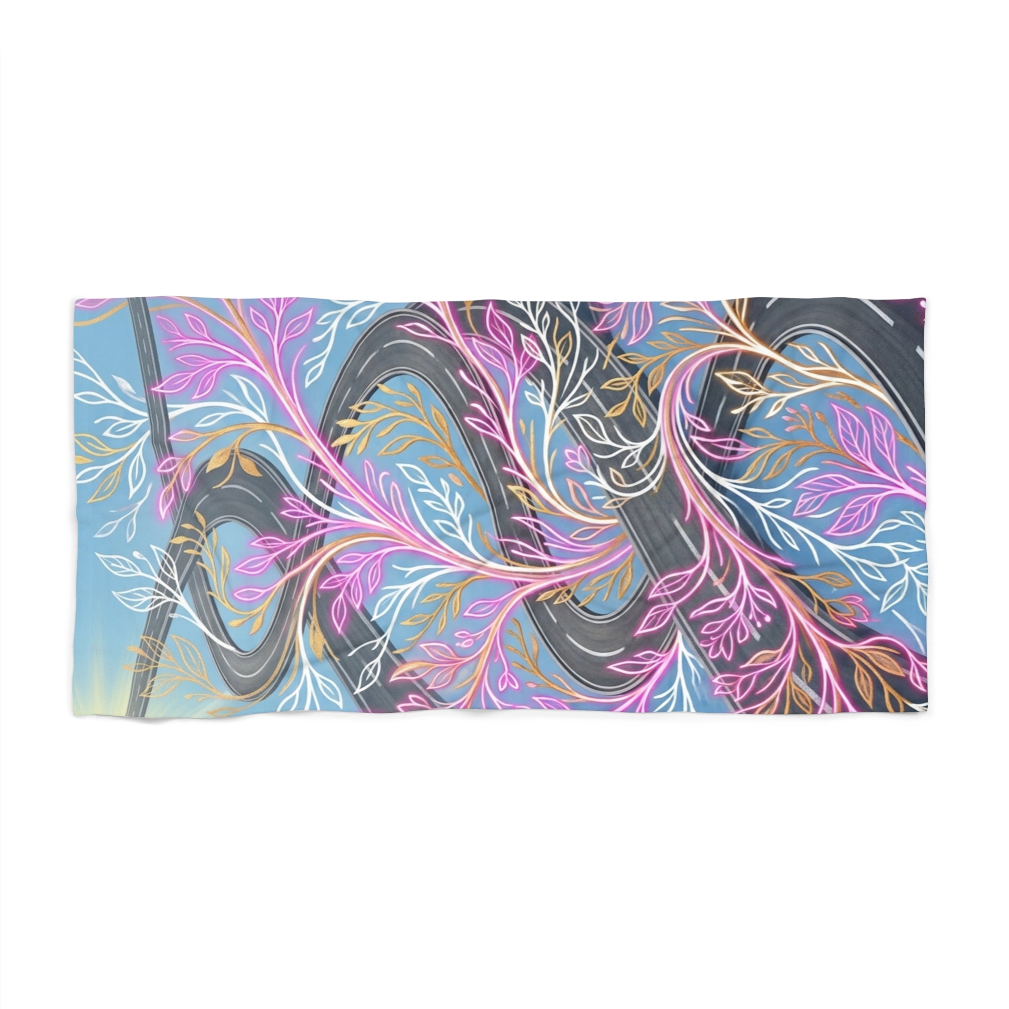 Floral Wave Beach Towel — Pastel Coral & Seaweed Design