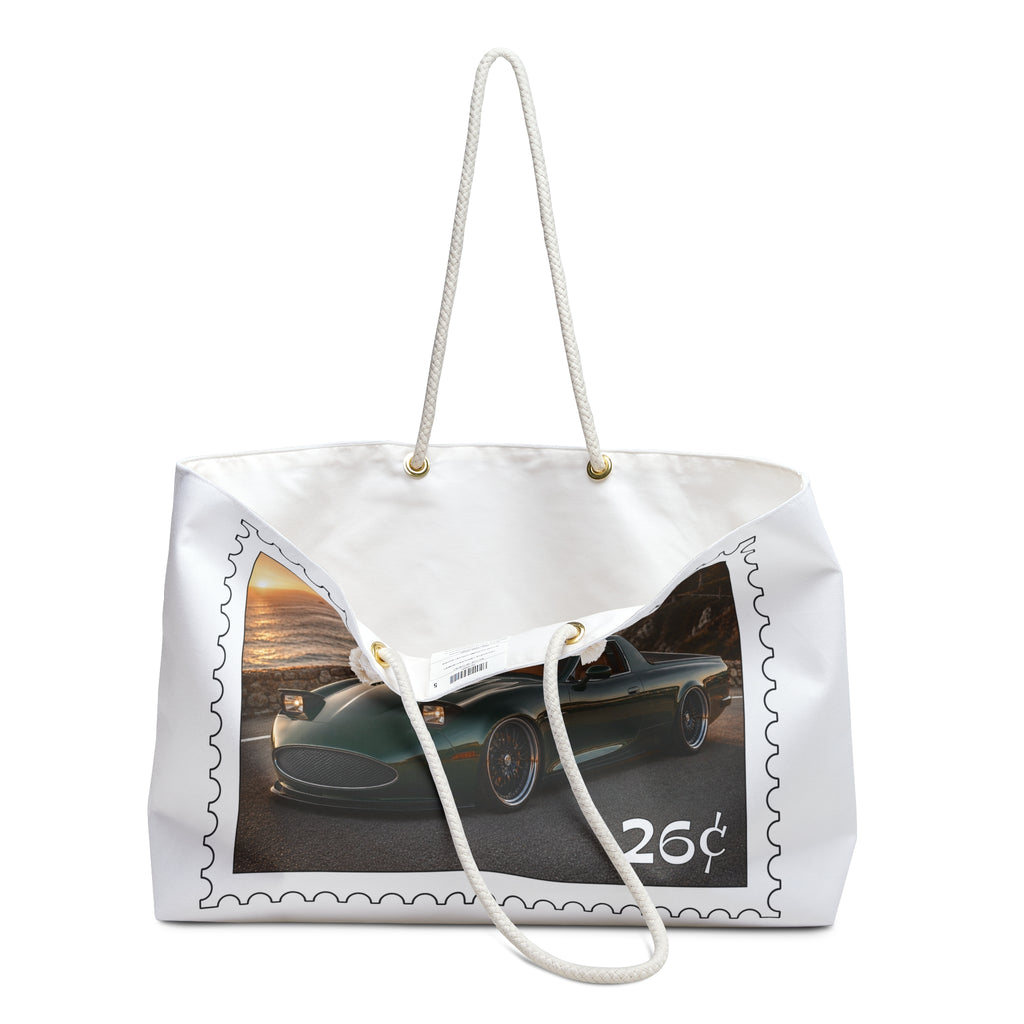 Sports Car Stamp Weekender Bag — Sunset Coastal Travel Tote