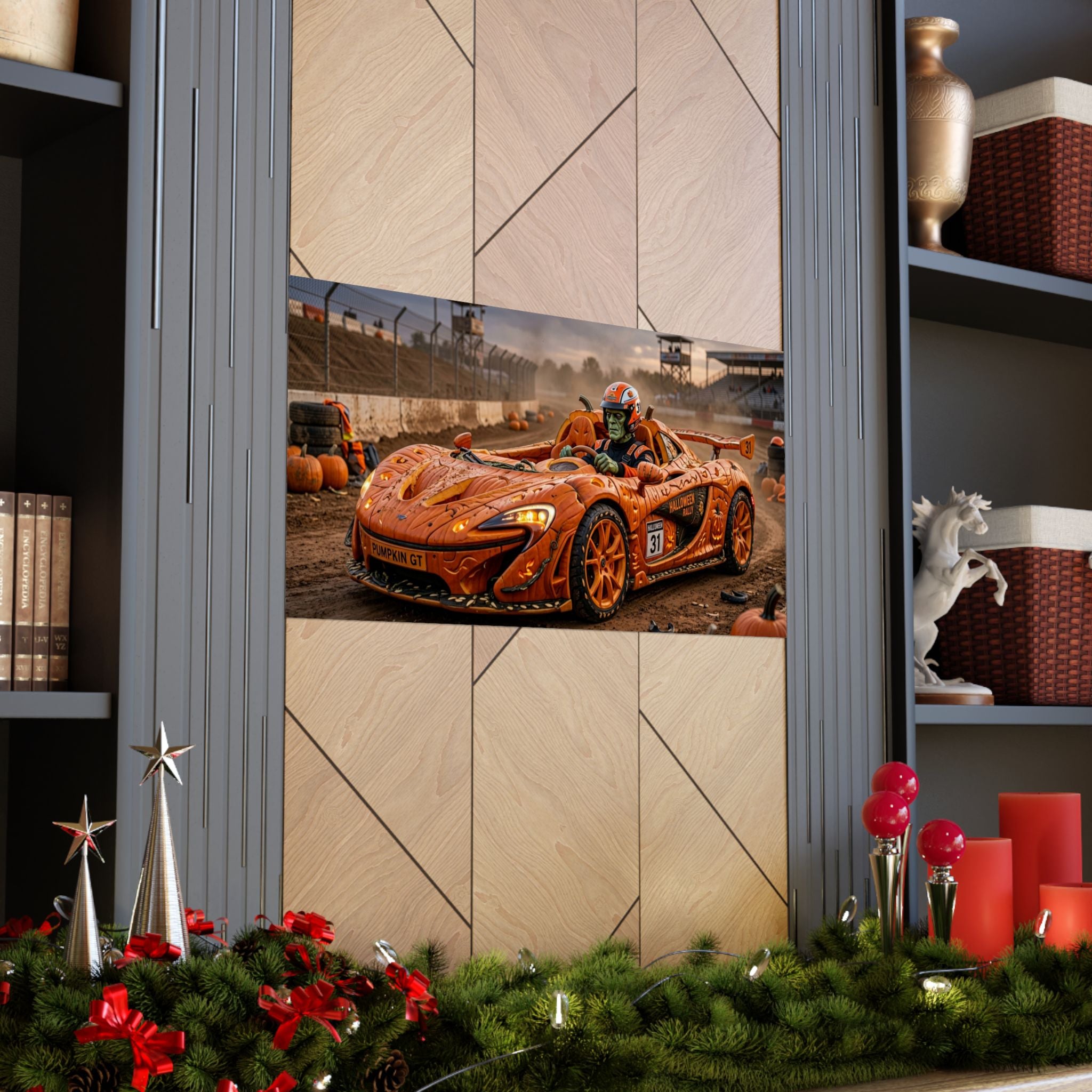 Halloween Race Car Poster — Orange Pumpkin Sports Car Matte Horizontal Print