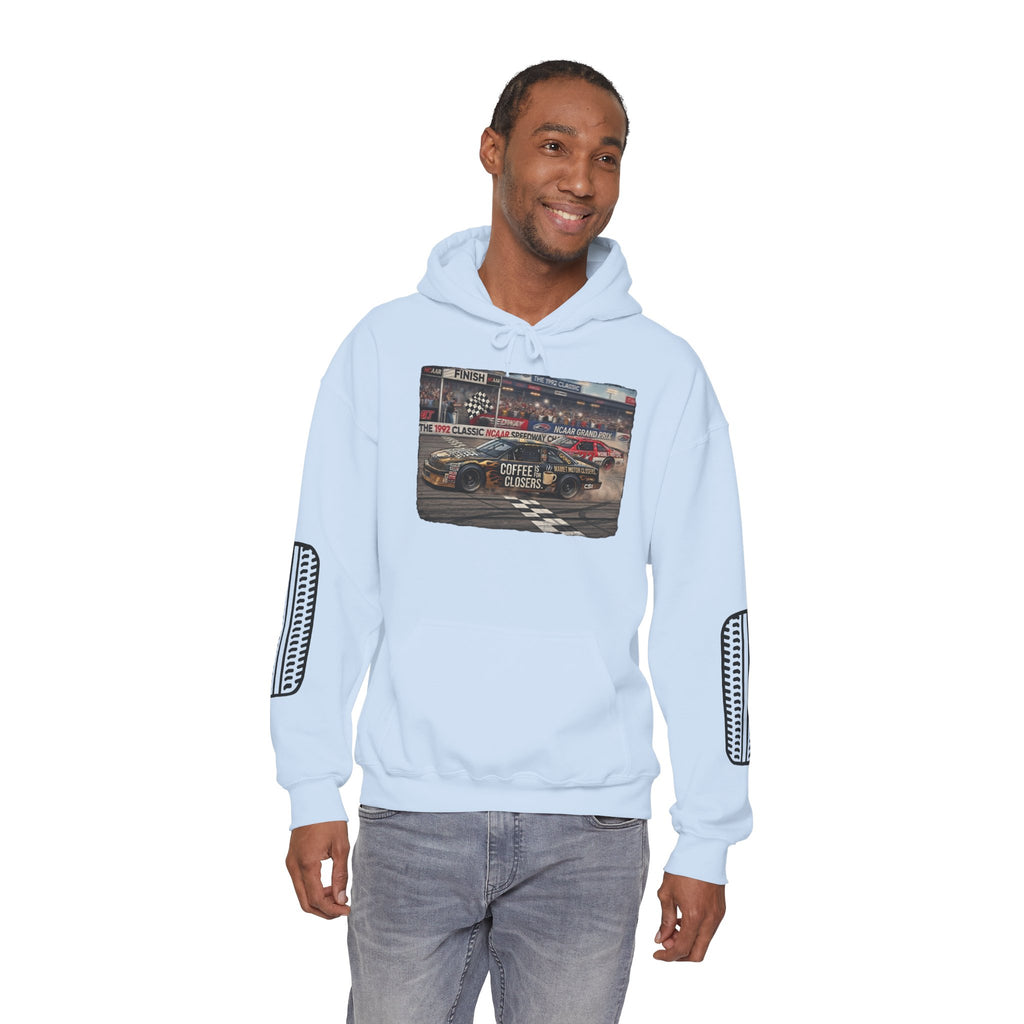Racing Garage Hooded Sweatshirt — Vintage Racecar Track Scene