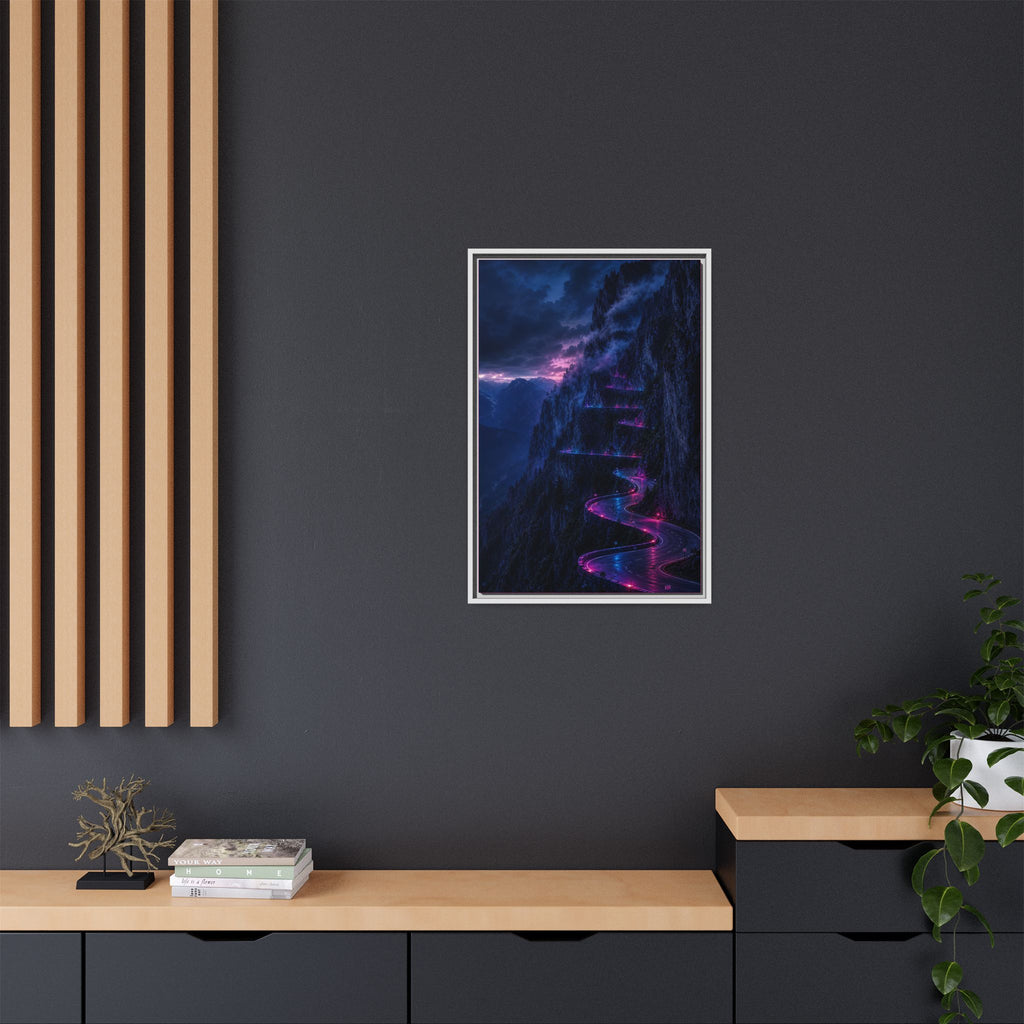 Neon Mountain Road Matte Canvas Print — Framed Nightscape Wall Art