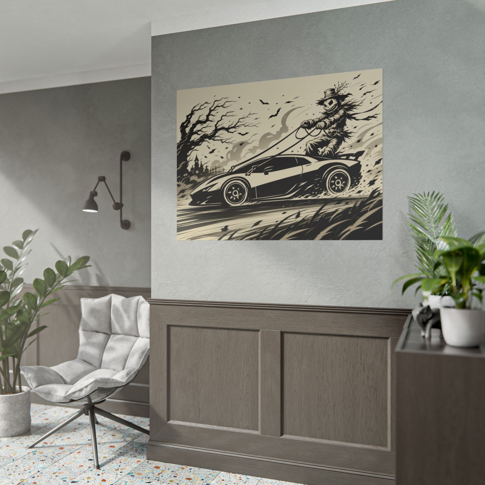 Poster - Scarecrow Driving Sports Car Vintage Halloween Art Print