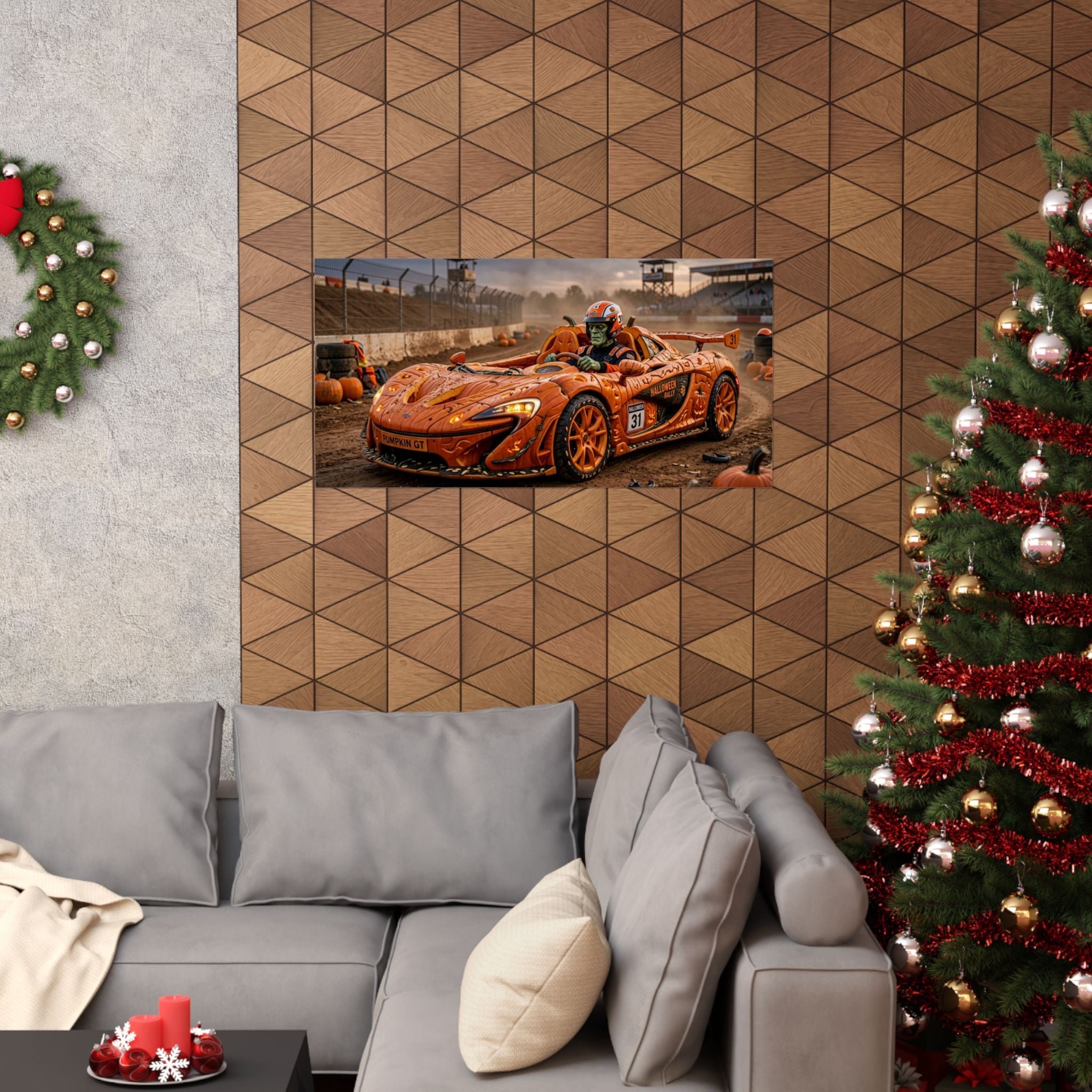 Halloween Race Car Poster — Orange Pumpkin Sports Car Matte Horizontal Print