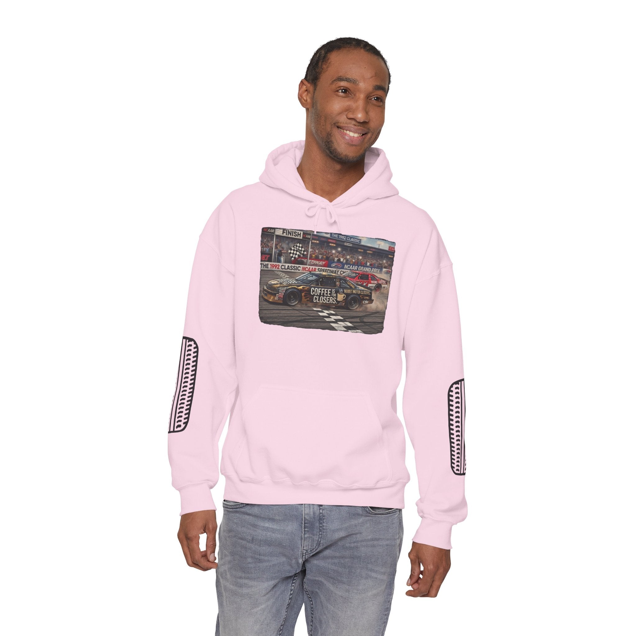 Racing Garage Hooded Sweatshirt — Vintage Racecar Track Scene