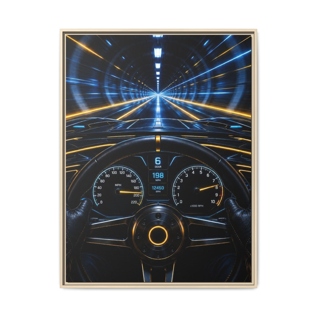Tunnel Drive Framed Canvas Print — Retro Futuristic Car Dashboard Wall Art