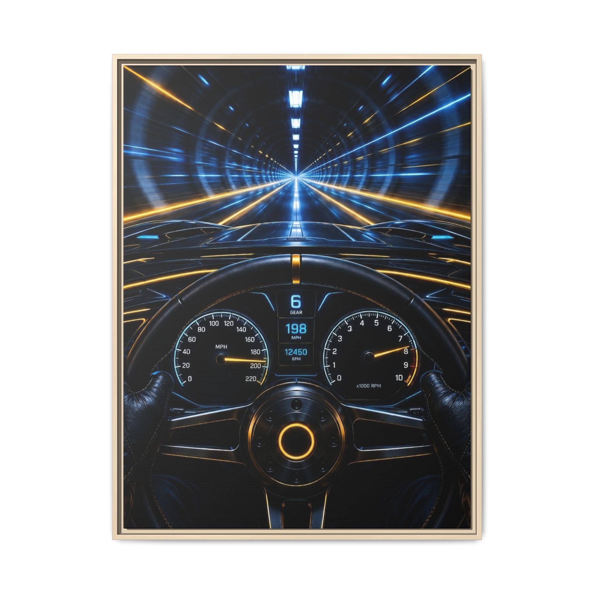 Tunnel Drive Framed Canvas Print — Retro Futuristic Car Dashboard Wall Art