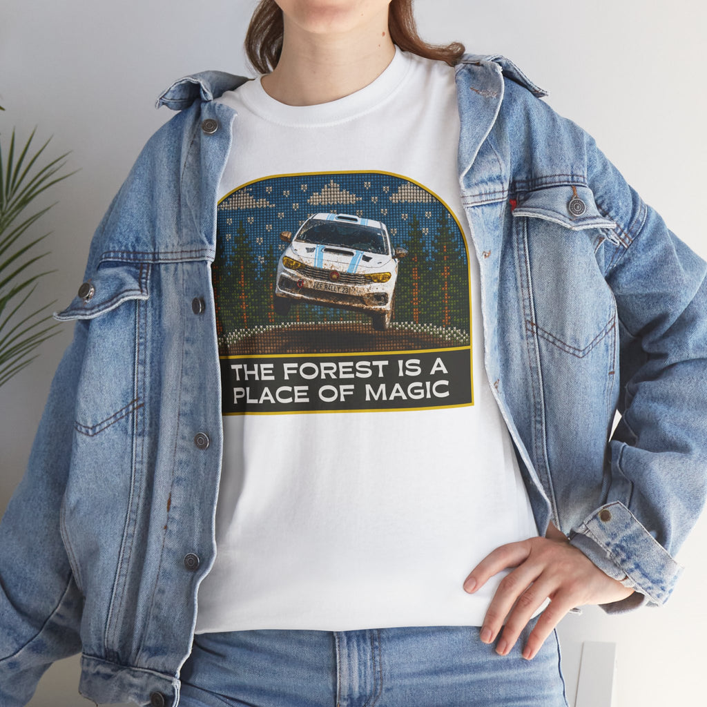 Forest Rally T‑Shirt – 'The Forest Is a Place of Magic' Cross-stitched Style Graphic