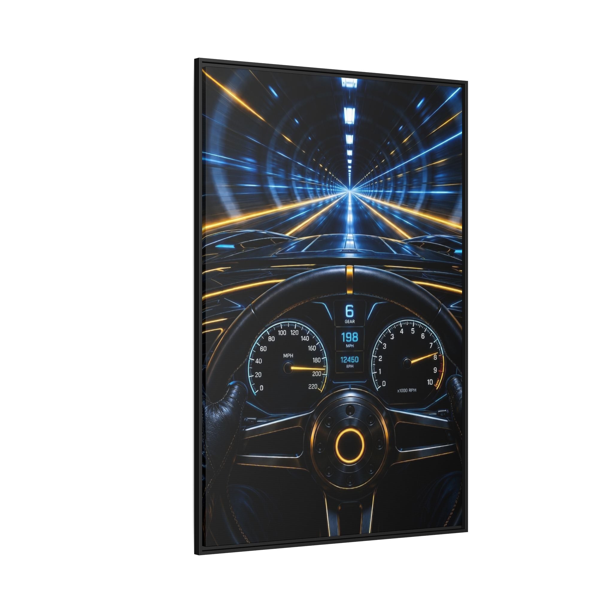 Tunnel Drive Framed Canvas Print — Retro Futuristic Car Dashboard Wall Art
