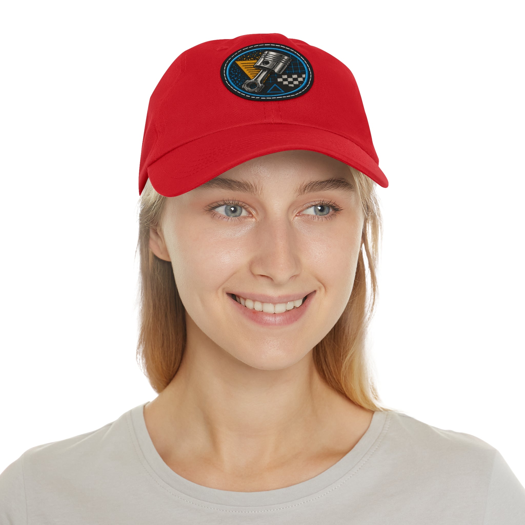 Racing Piston Patch Dad Hat — Vintage Motorhead Leather Patch Cap
