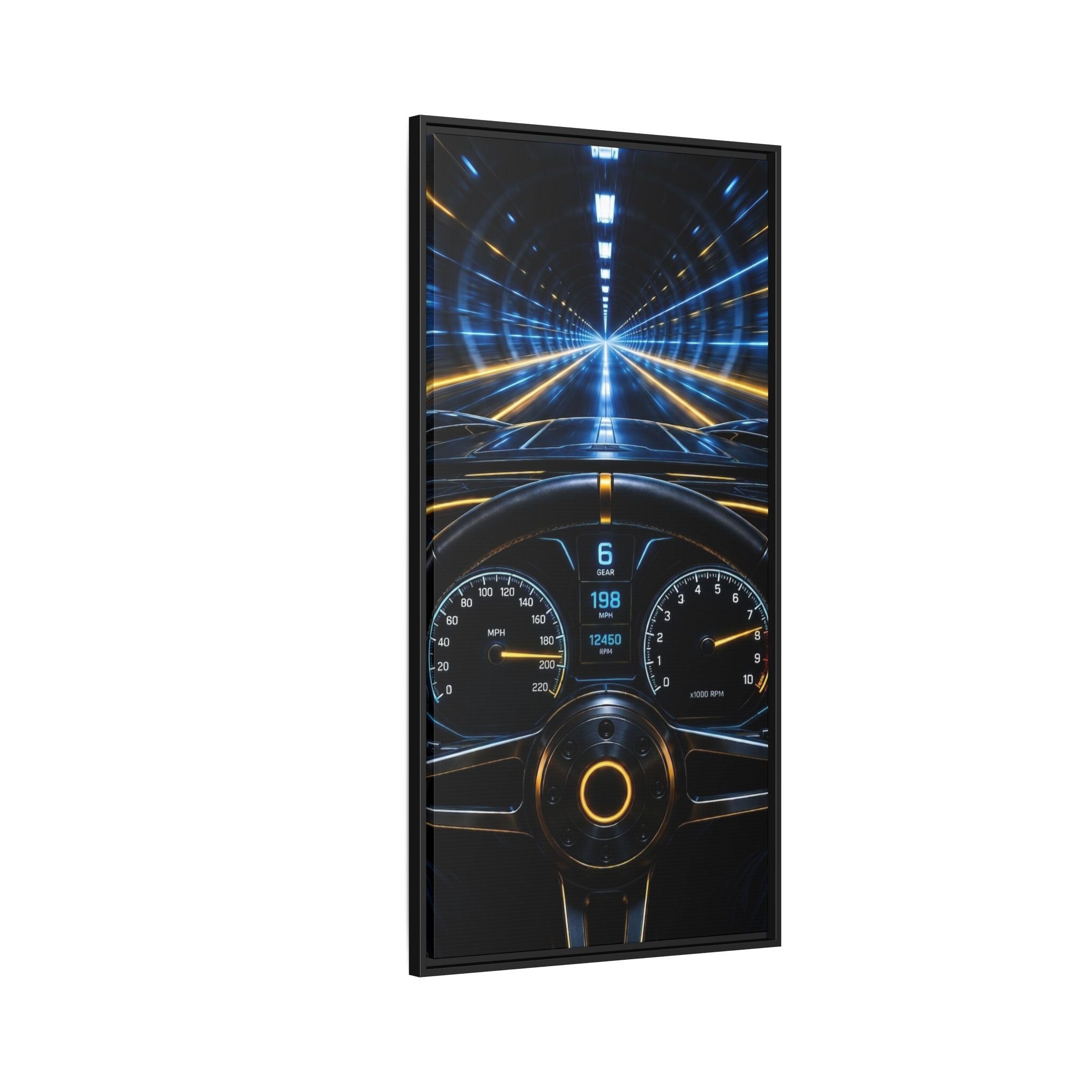 Tunnel Drive Framed Canvas Print — Retro Futuristic Car Dashboard Wall Art
