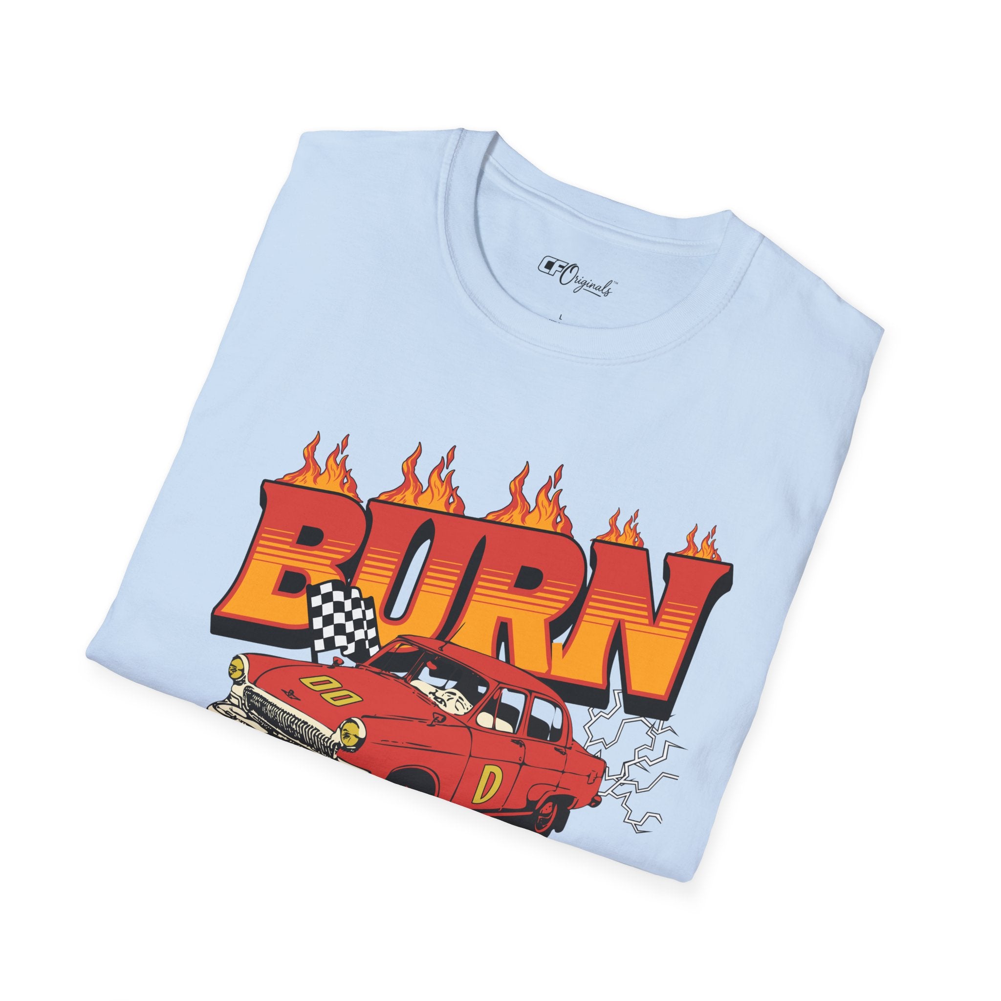 Racing 'BURN' Graphic Tee — Retro Flaming Racecar Chicago Track Shirt