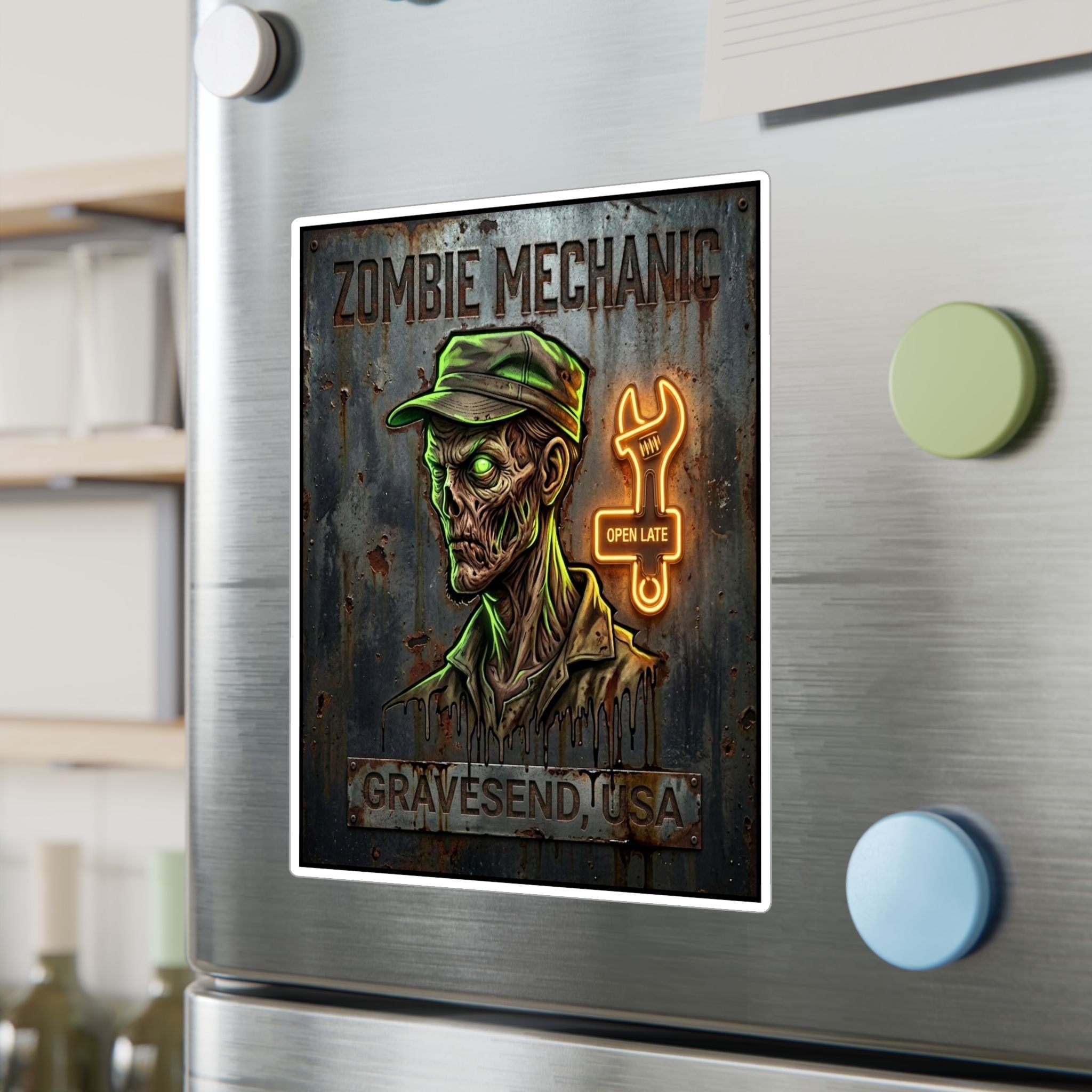 Zombie Mechanic Vinyl Decal — Horror Garage Sticker (Kiss-Cut)