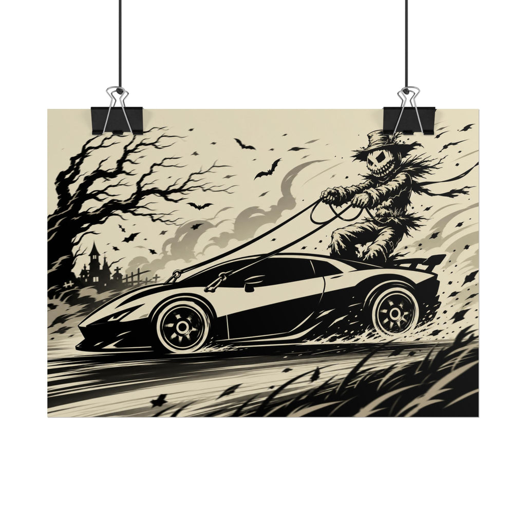 Poster - Scarecrow Driving Sports Car Vintage Halloween Art Print