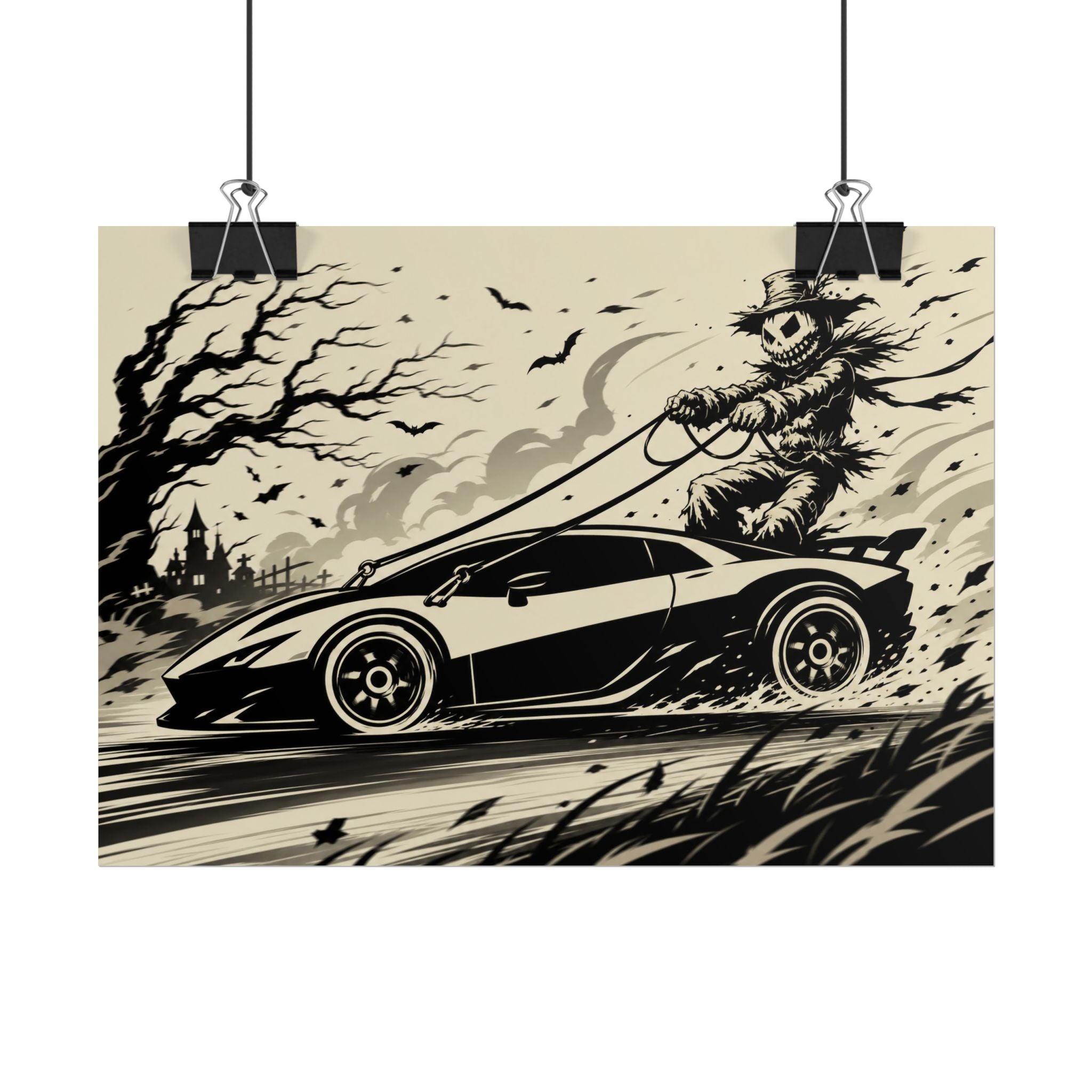 Poster - Scarecrow Driving Sports Car Vintage Halloween Art Print
