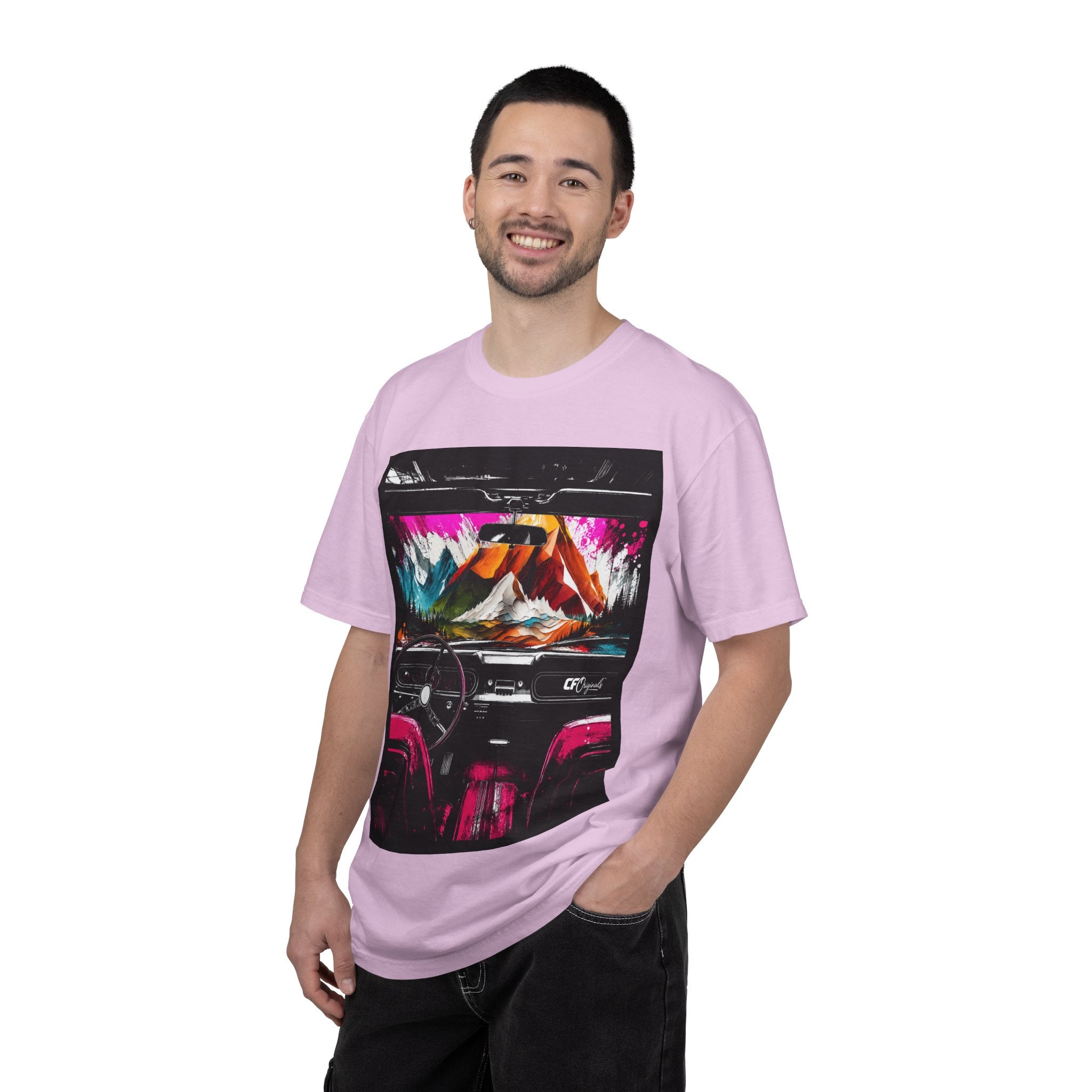 CarFits.store Big Prints T-Shirt — Retro Engine & Scenic Drive