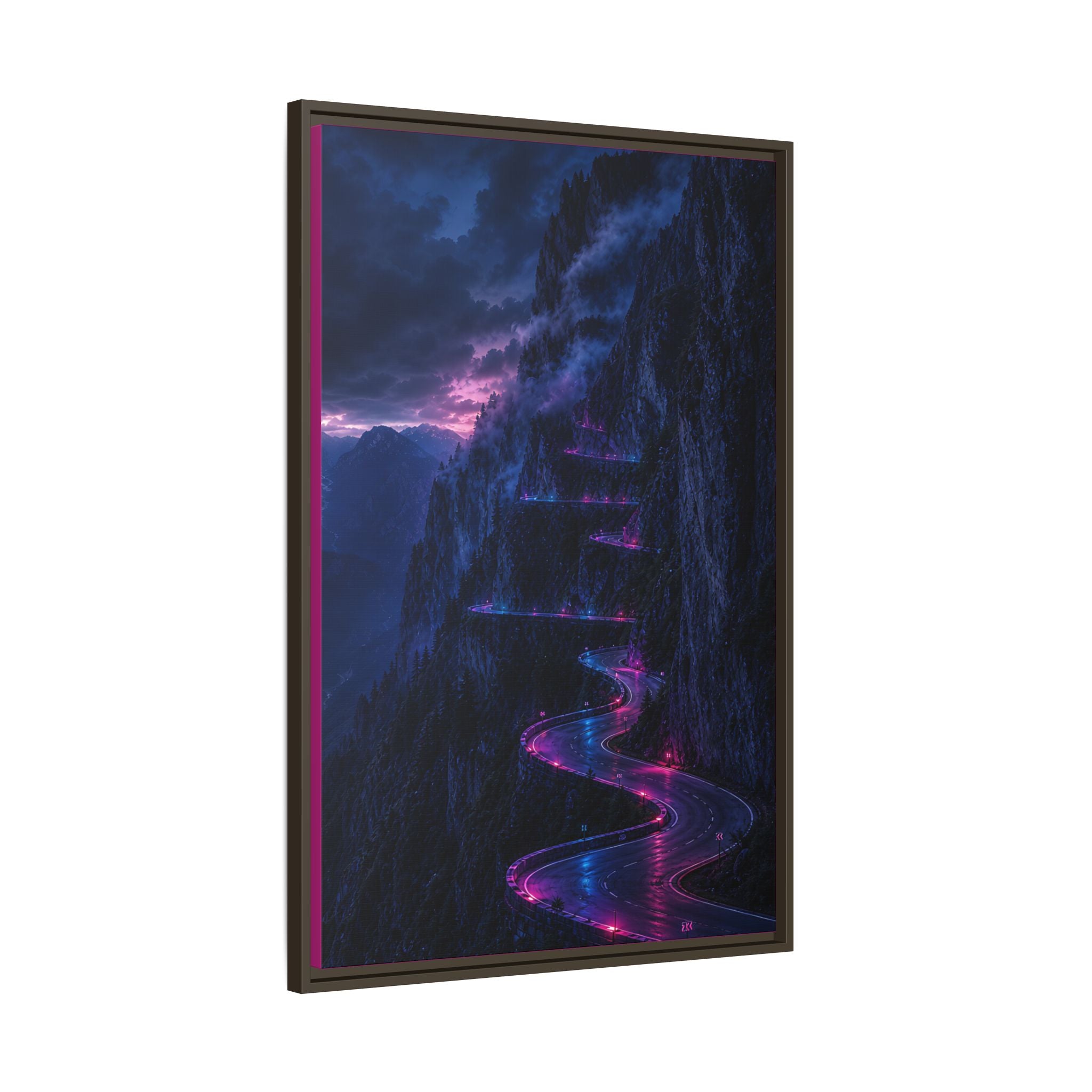 Neon Mountain Road Matte Canvas Print — Framed Nightscape Wall Art