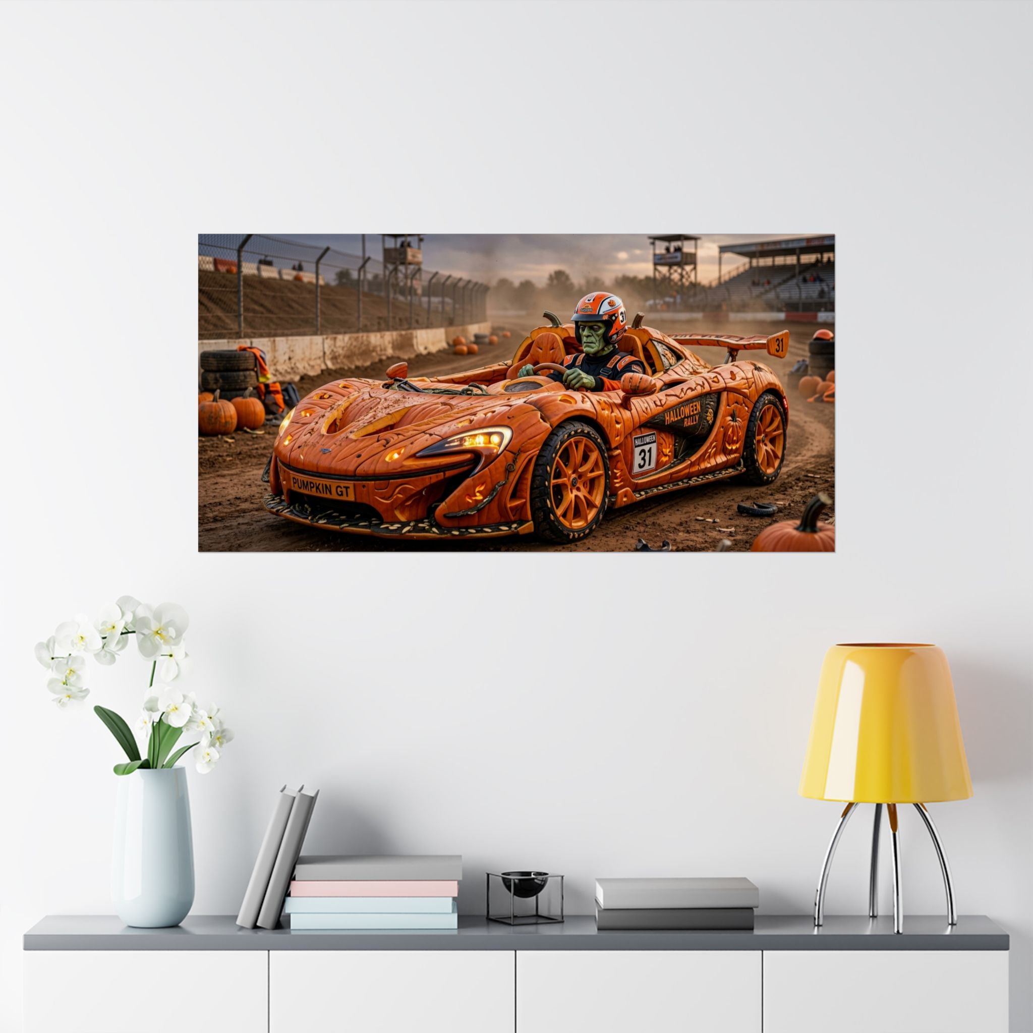 Halloween Race Car Poster — Orange Pumpkin Sports Car Matte Horizontal Print
