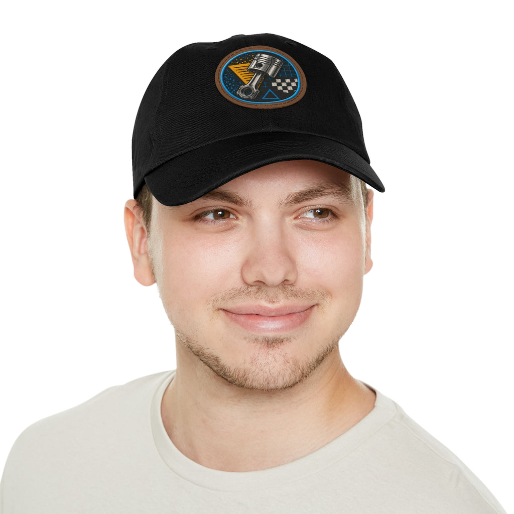 Racing Piston Patch Dad Hat — Vintage Motorhead Leather Patch Cap
